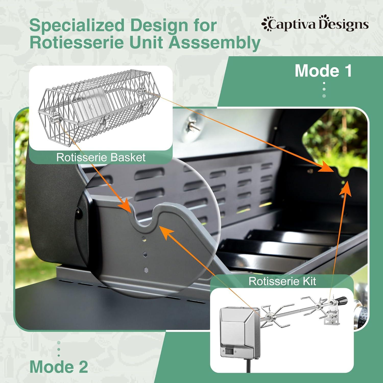 Captiva Designs 6 Burner Gas Grill with side burner & Porcelain Enameled Cast Iron Grate 65800 btu E02GR009: Rotisserie Compatible, Heat-Resistant