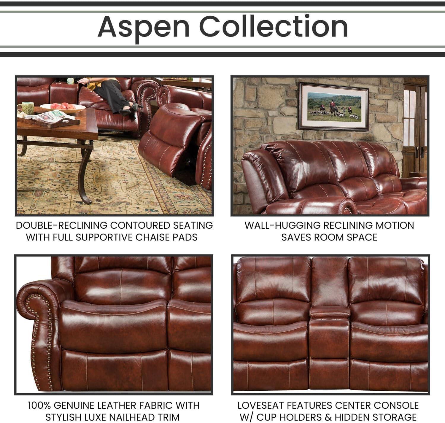 Aspen Brown Leather Double-Reclining Loveseat with Cup Holder