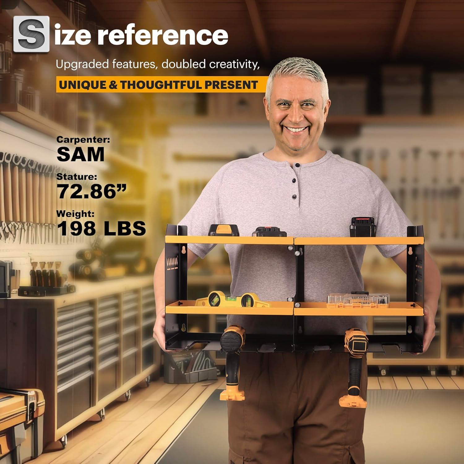 Spampur Power Tool Organizer Wall Mount with Charging Station, Garage Tool Shelf 6 Drill Holders, Tool Battery Holder with Plier holder Heavy Duty Rack, Tool Storage Rack with 4 Outlet Power Strip