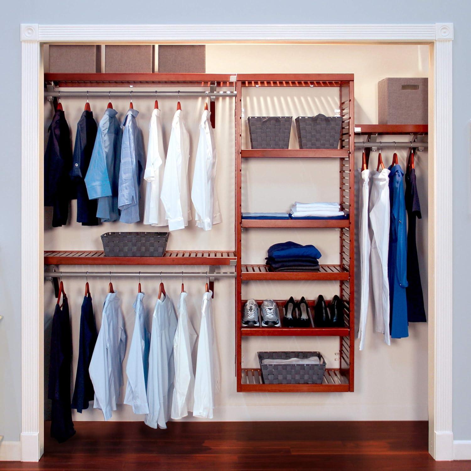 Red Mahogany Solid Wood Closet Organizer System with Shelves and Hanging Rods