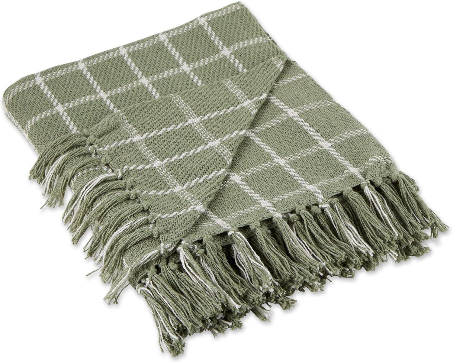 Artichoke Green Cotton Checked Plaid Cozy Throw, 50x60