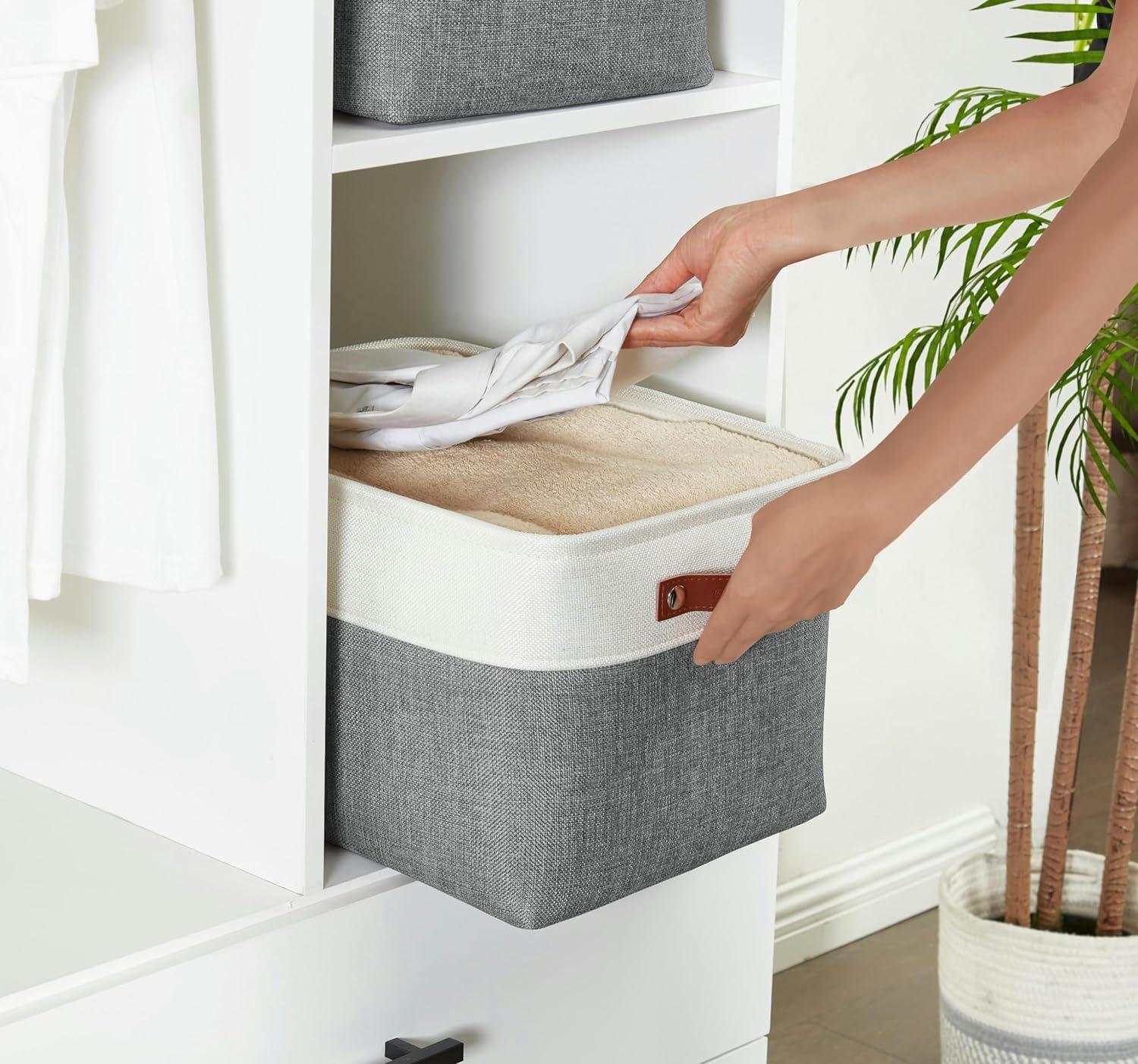 Large Slate Gray and White Fabric Storage Bins with Faux Leather Handles