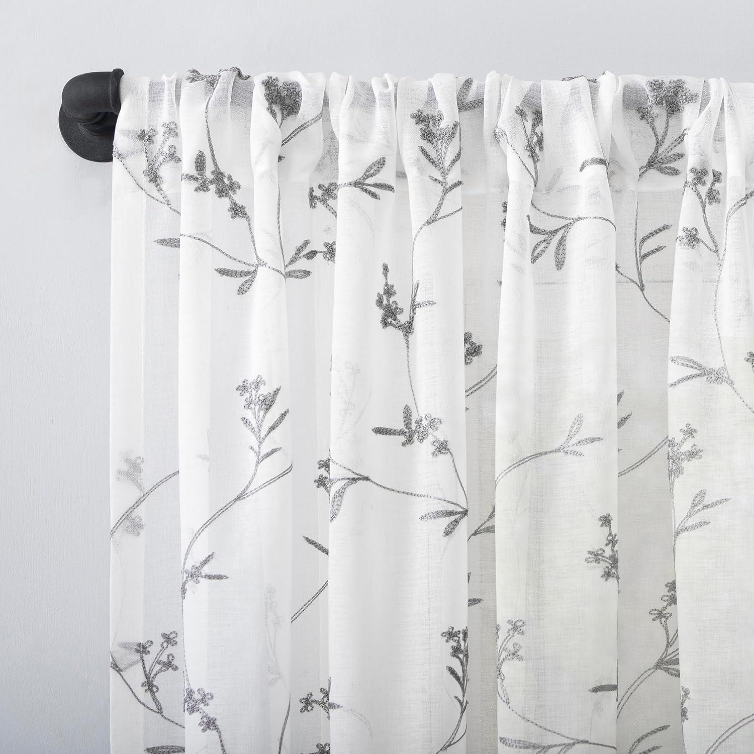 84"x50" Delia Embroidered Floral Sheer Rod Pocket Curtain Panel White - No. 918: Modern Botanical Indoor Curtain
