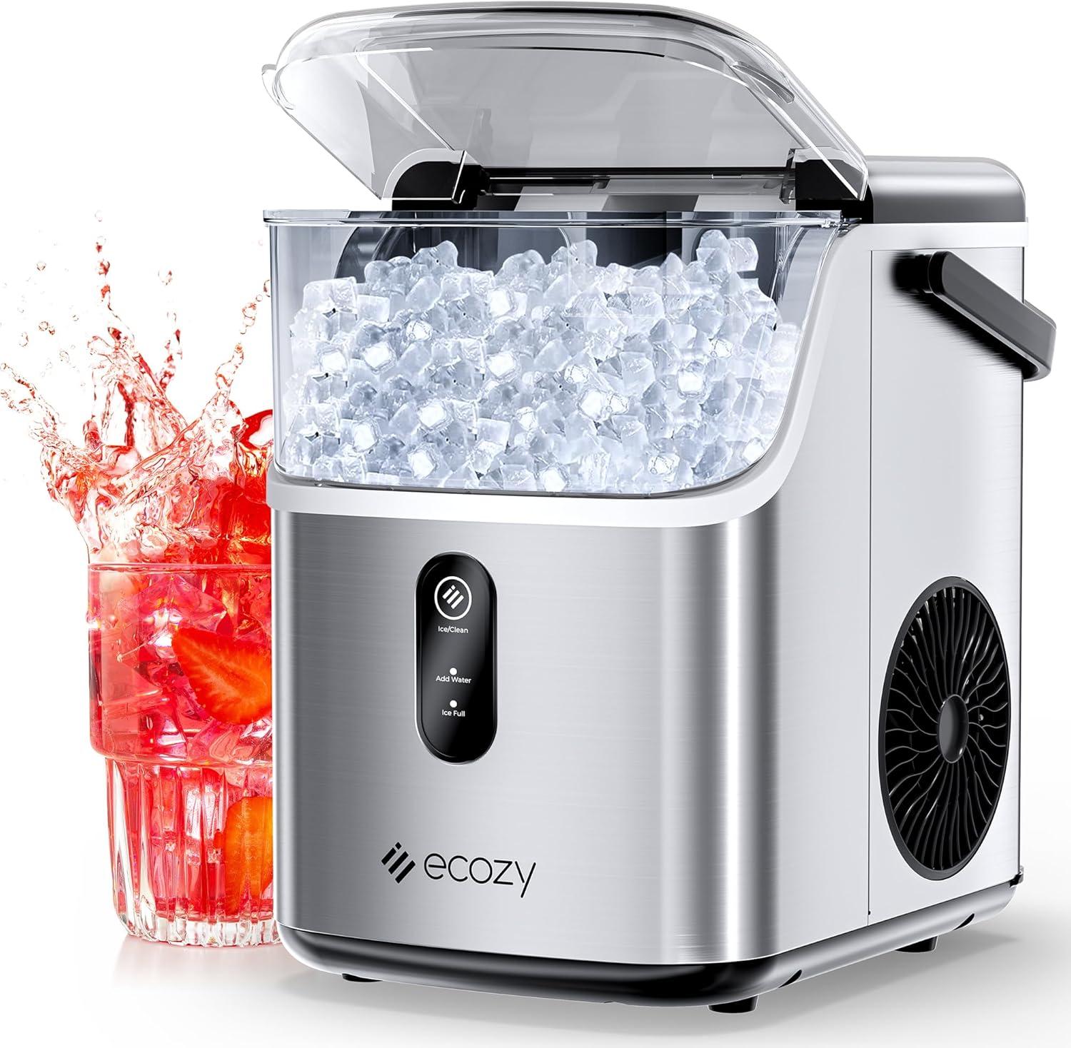 ecozy Nugget Ice Maker Countertop, Ice Maker with 33 lbs/24H, Crushed Pellet Ice Cubes, One-Click Operation Ice Machine with Self-Cleaning, for Party/Kitchen/Bar/Office, Stainless Steel
