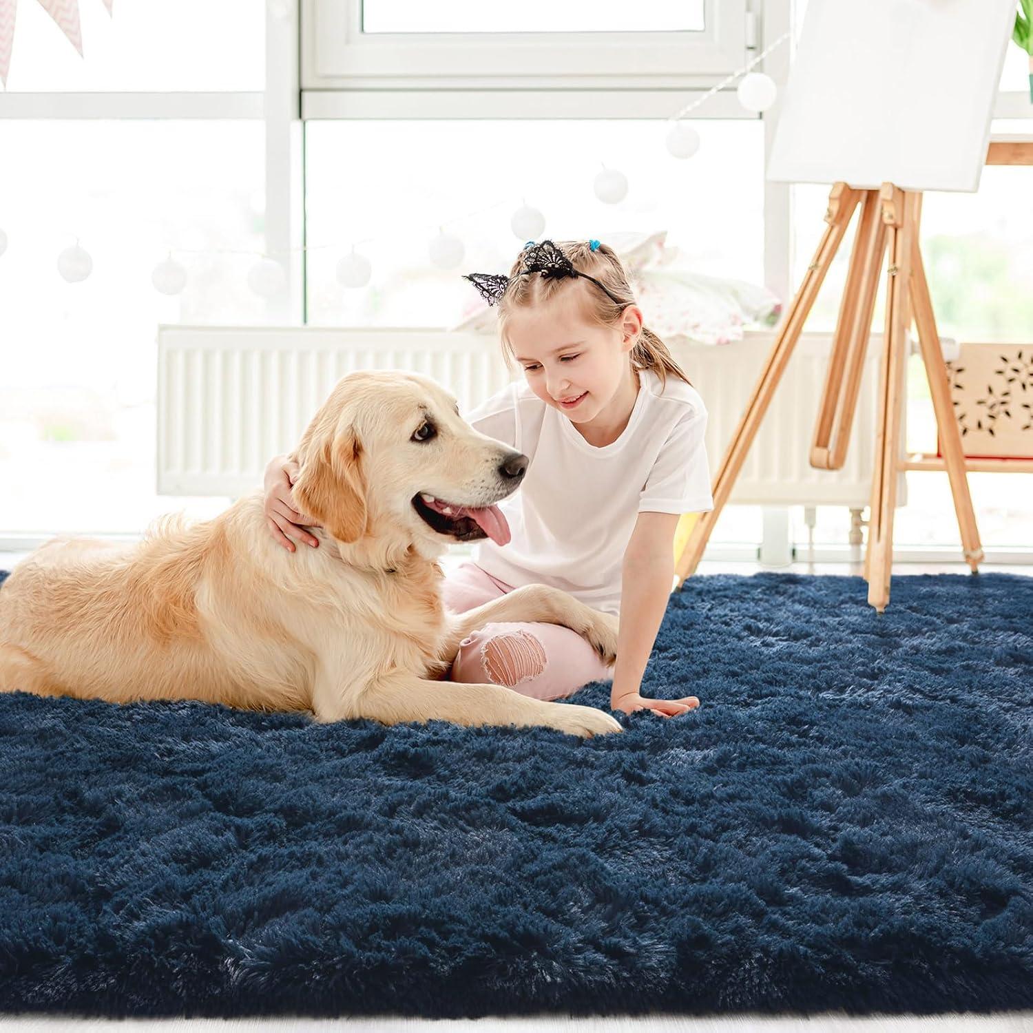 LOCHAS Ultra Soft Indoor Modern Area Rugs Fluffy Living Room Carpets for Children Bedroom Home Decor Nursery Rug 3x5 Feet, Navy