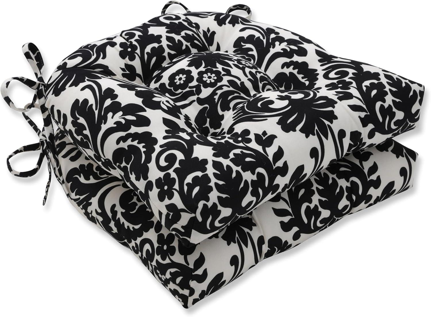 Essence Onyx Black and Off-White Damask Reversible Chair Pad Set
