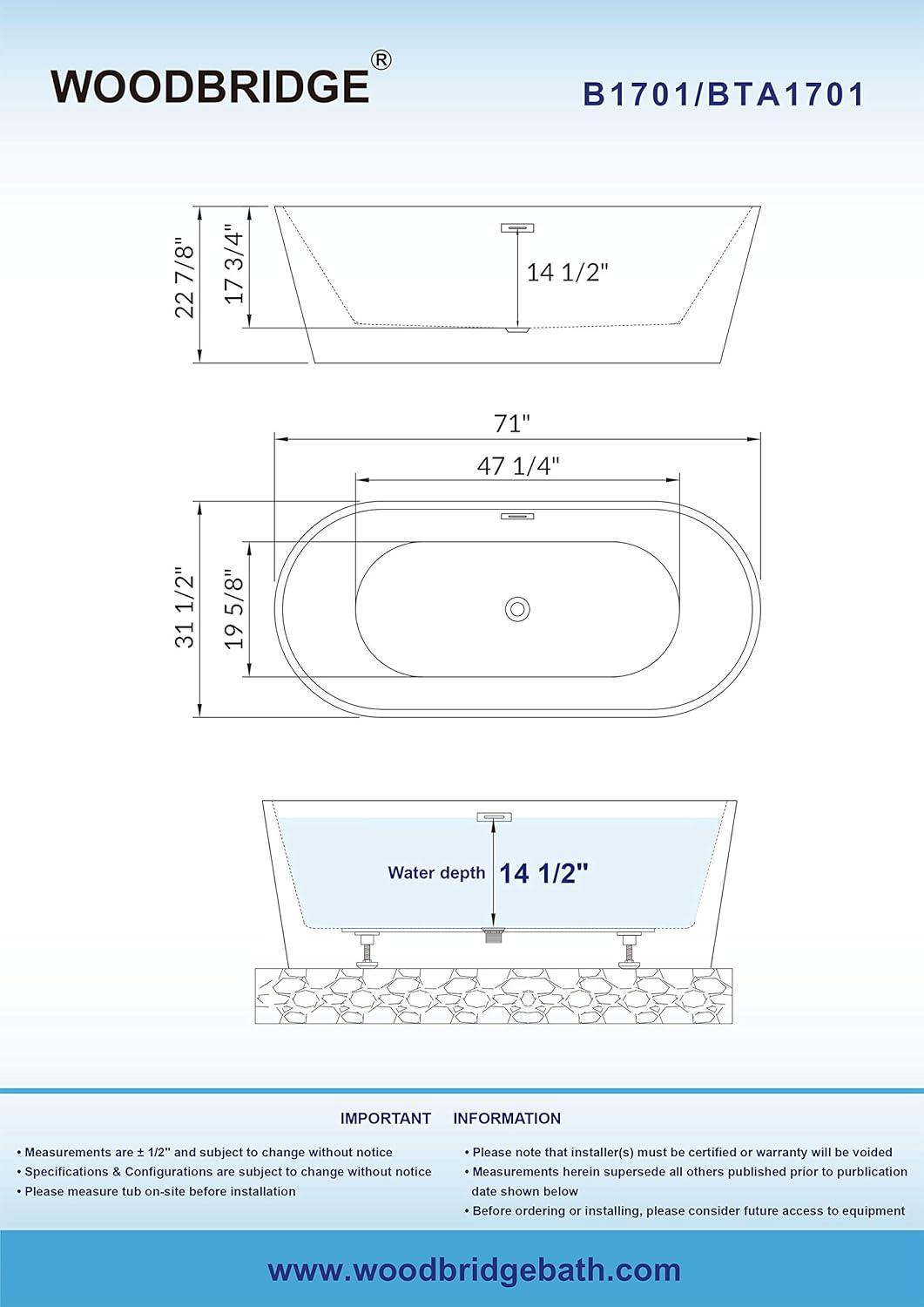 71'' White Acrylic Freestanding Oval Bathtub with Chrome Overflow