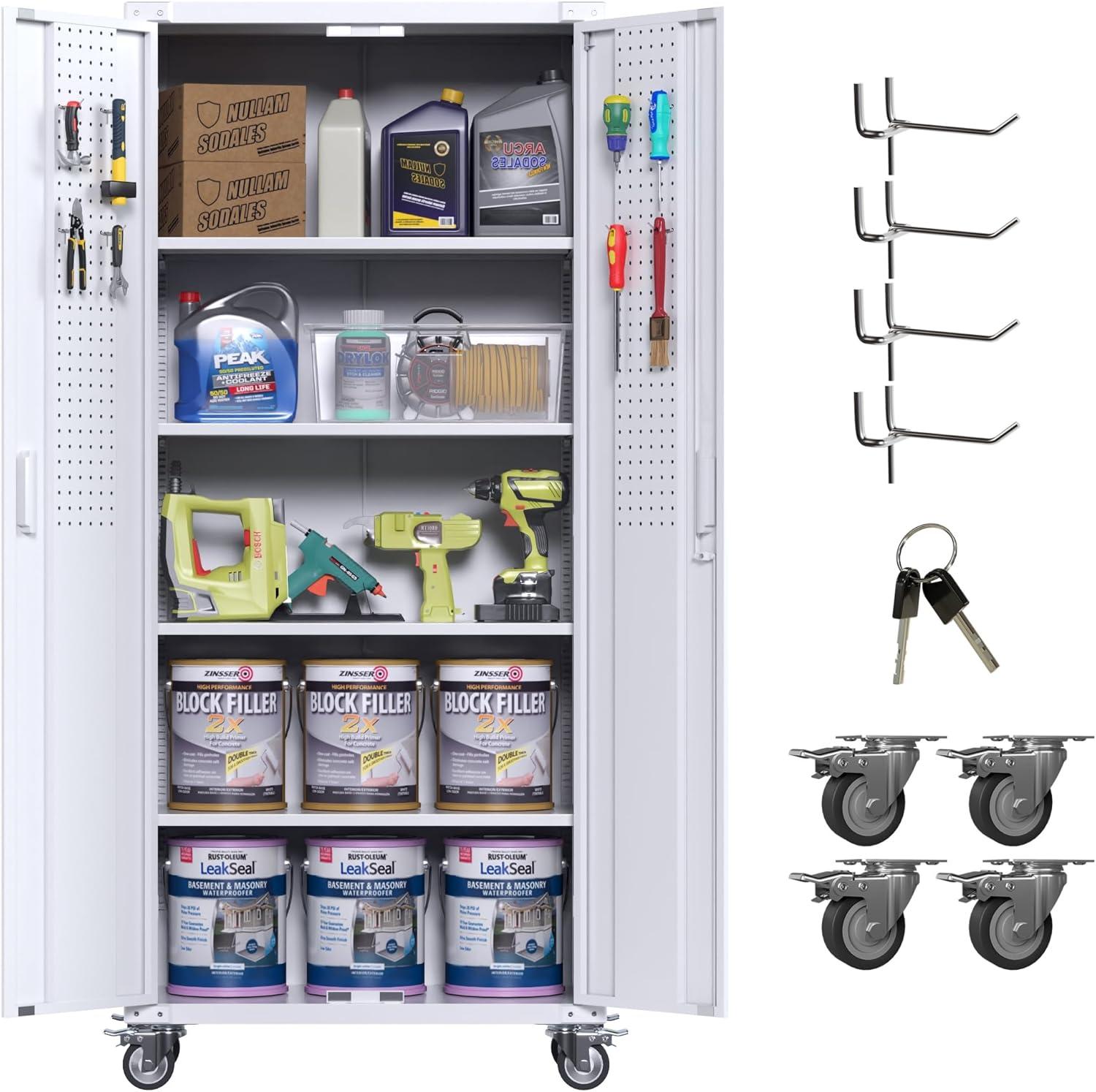 Aobabo Metal Storage Cabinet with Wheels & Pegboards,Office Storage Cabinet with Lock & Shelves,72'' H Steel Garage Cabinet for Office Home Storage,White Required-Assembly