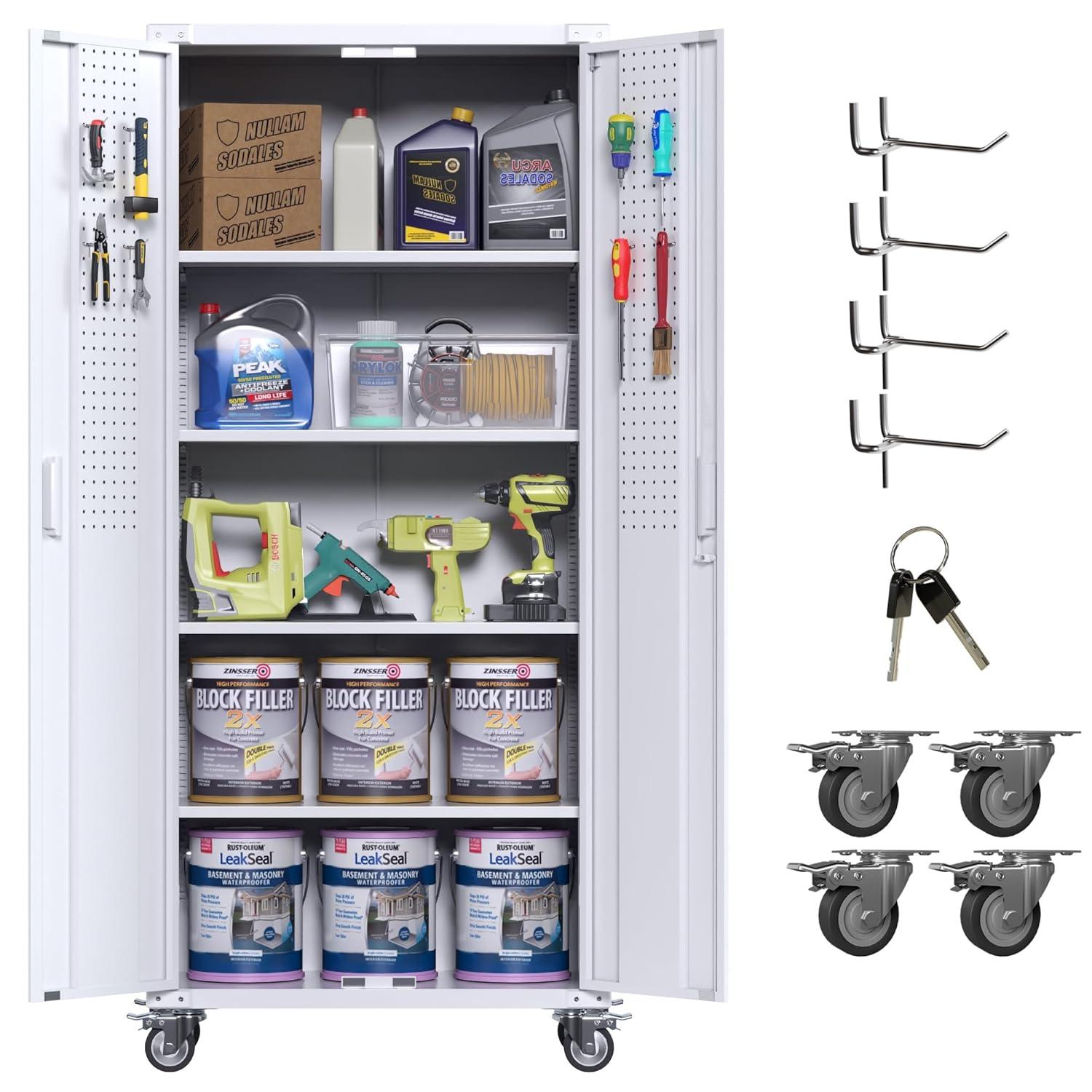 AOBABO 72 Inch Locking Metal Garage Home Office Storage Cabinet with Universal Rubber Wheels/Lockable Casters and Magnetic Doors, White