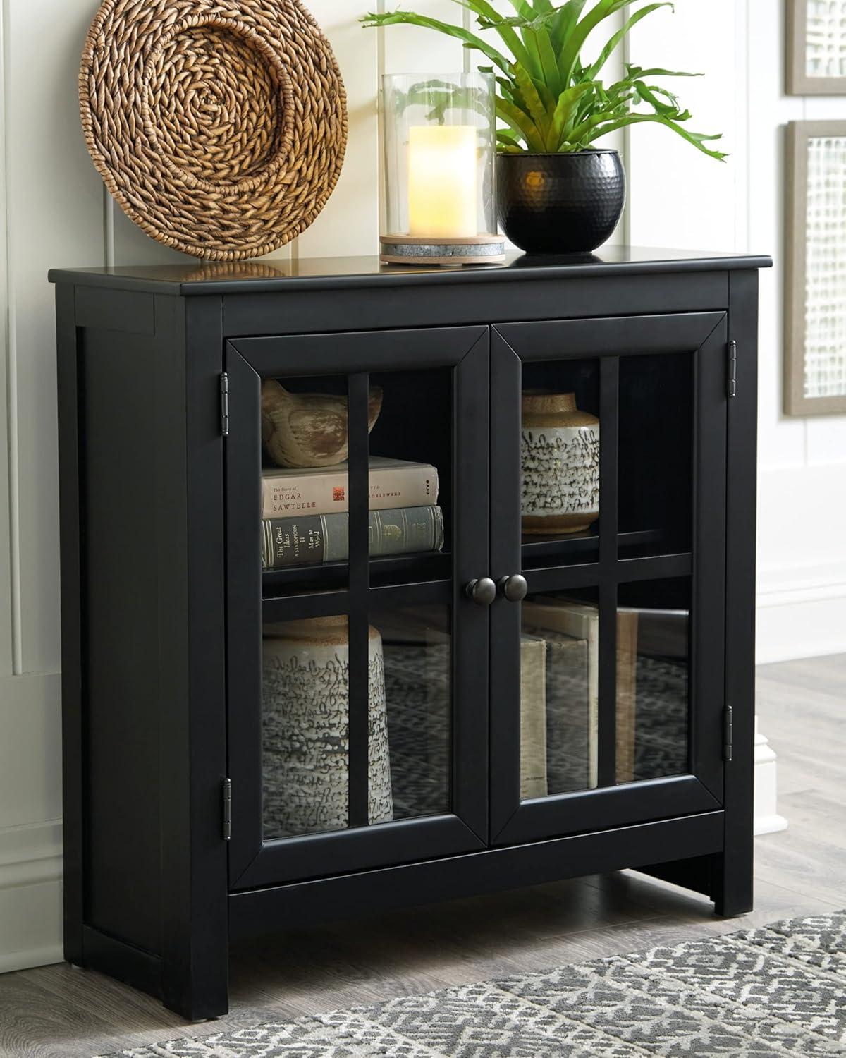 Transitional Black Wood Accent Cabinet with Lattice Doors and Adjustable Shelving