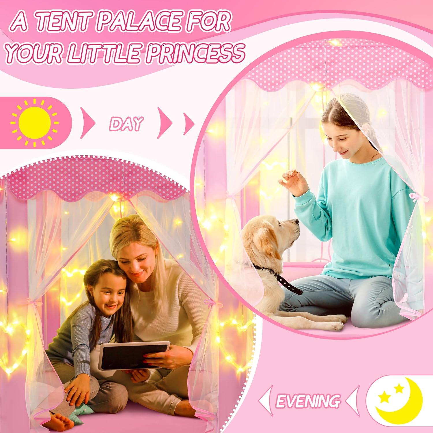 EVOIONOS Princess Tent for Girls, Kids Play Tent with LED Star Lights, Castle Playhouse for Children Indoor Outdoor Games, 55X53 inches, Pink