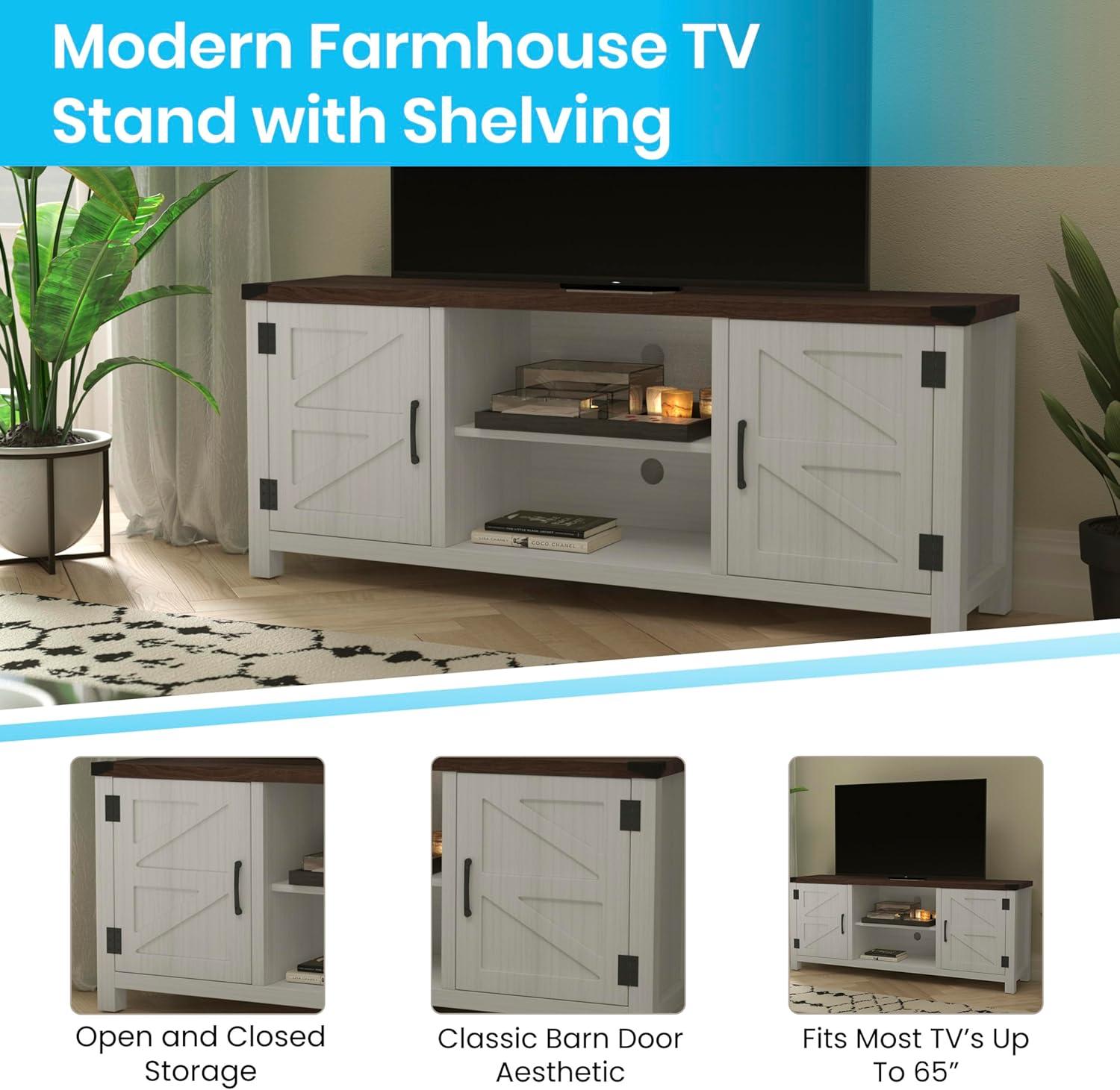 Emma + Oliver Barn Door Style TV Stand for up to 65" TV's - White Wash with Walnut Top Entertainment Center - 59" Media Console with Adjustable Middle Shelf