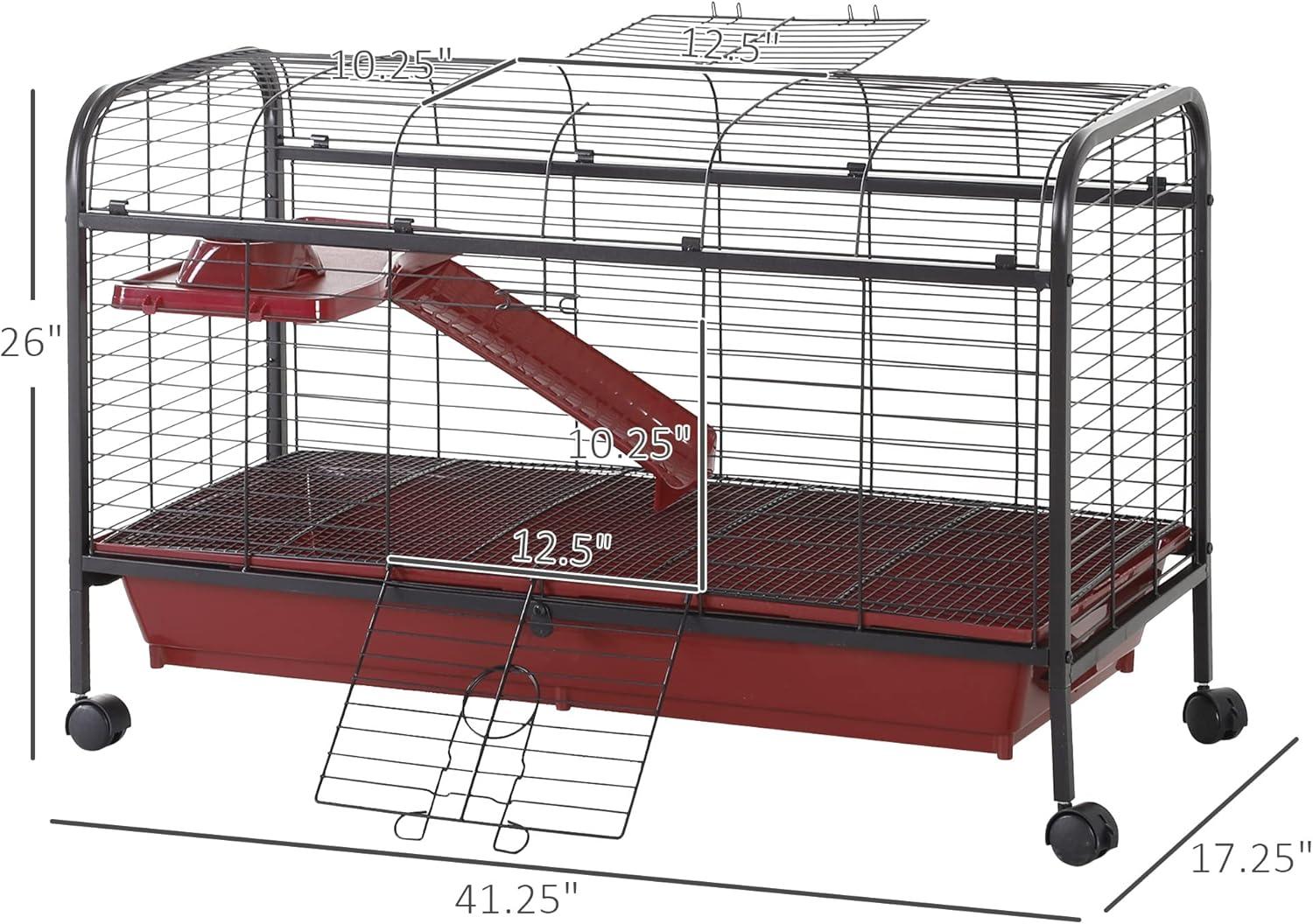 PawHut Red and Black Small Animal Cage with Ramp and Feeder