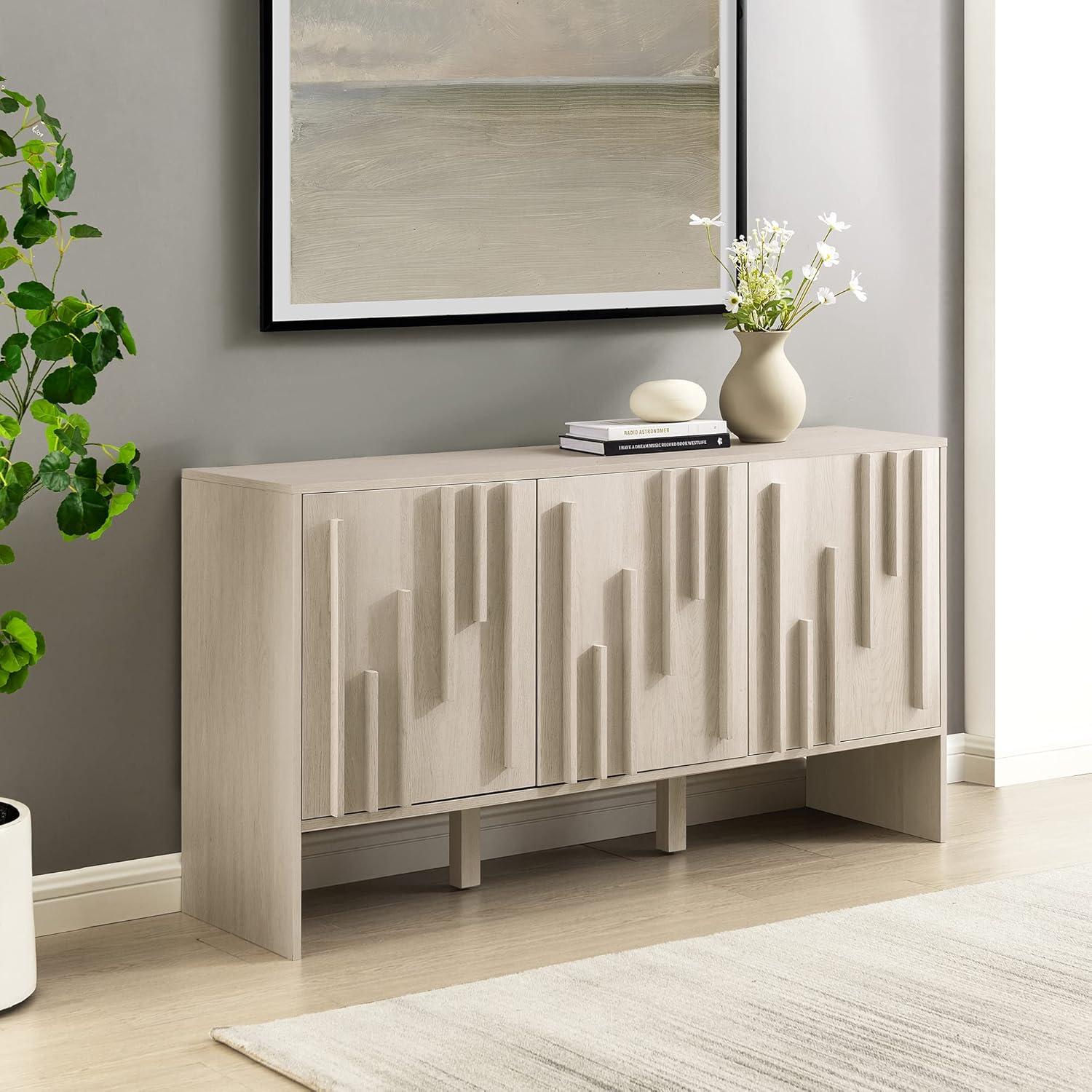 Walker Edison 55” Contemporary Vertical-Detailed 3-Door Sideboard, Ivory Oak