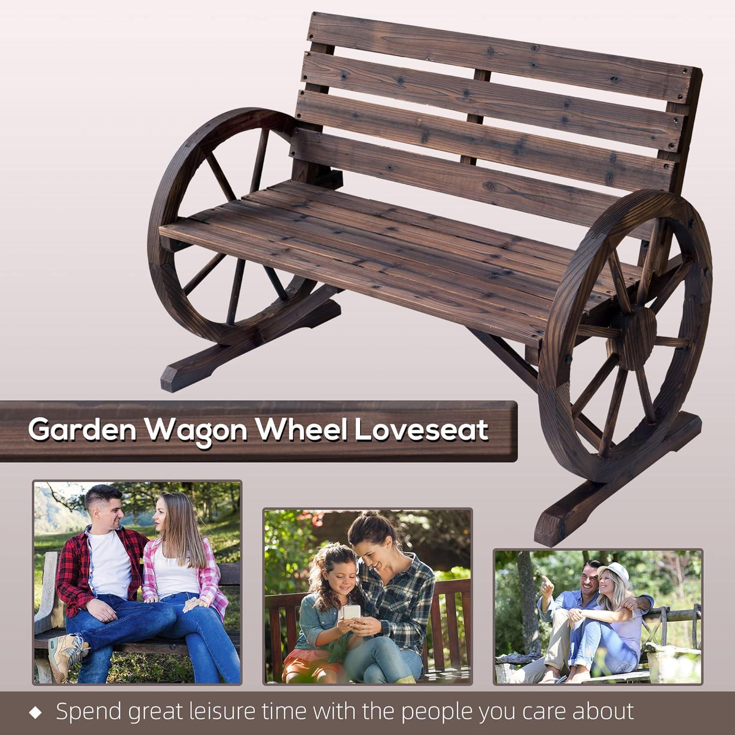 Outsunny Wooden Wagon Wheel Bench Rustic Outdoor Patio Furniture, 2-Person Seat Bench with Backrest Carbonized