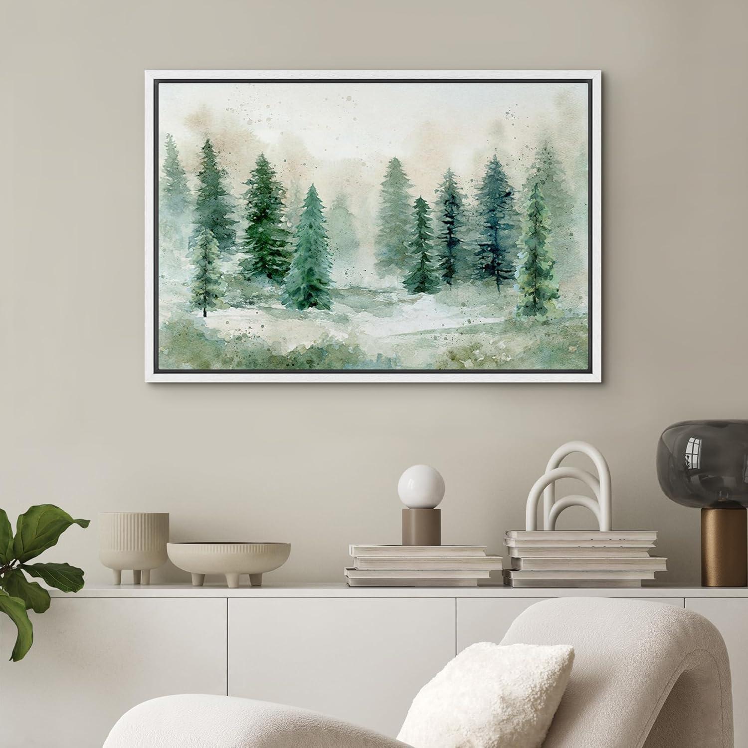 Woodland Forest Landscape " IDEA4WALL Framed Canvas Print Wall Art Woodland Nursery Decor Pastel Green Pine Tree Forest Landscape Nature Wilderness Fine Art Decorative Rustic For Living Room, Bedroom, Office "