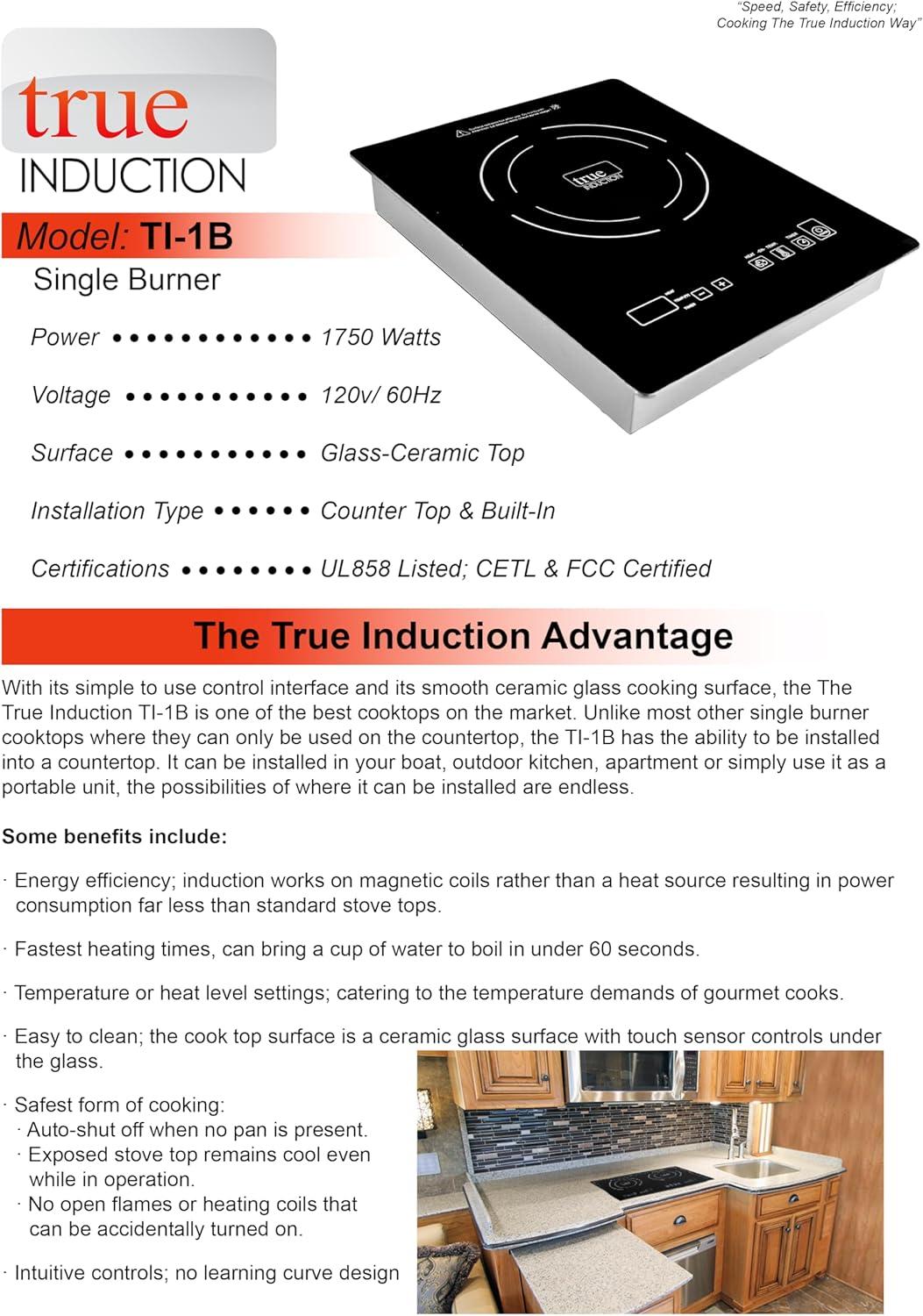 True Induction TI-1B Built-In UL858 Certified, 12-inch Single Induction Cooktop 1750W Glass-Ceramic Top