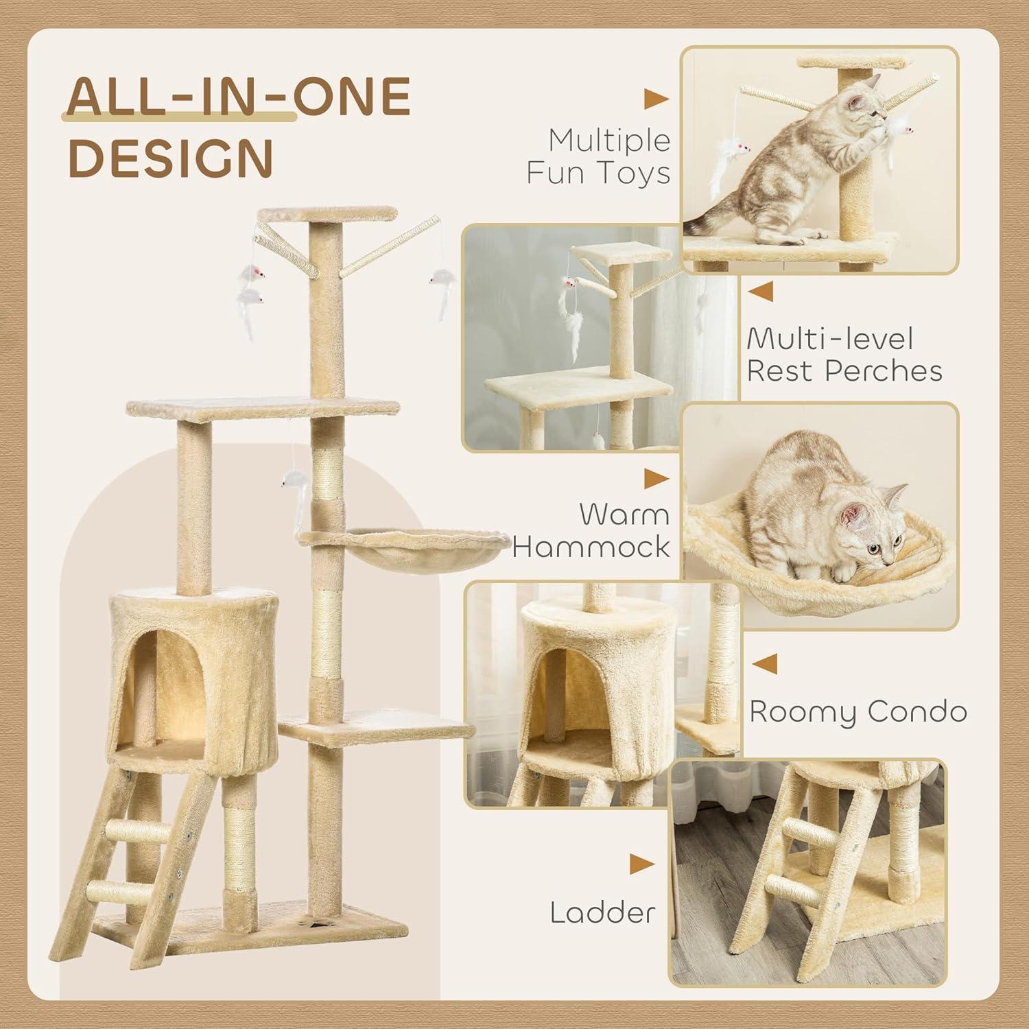 Beige Sisal and Plush Cat Condo Tower with Scratching Posts