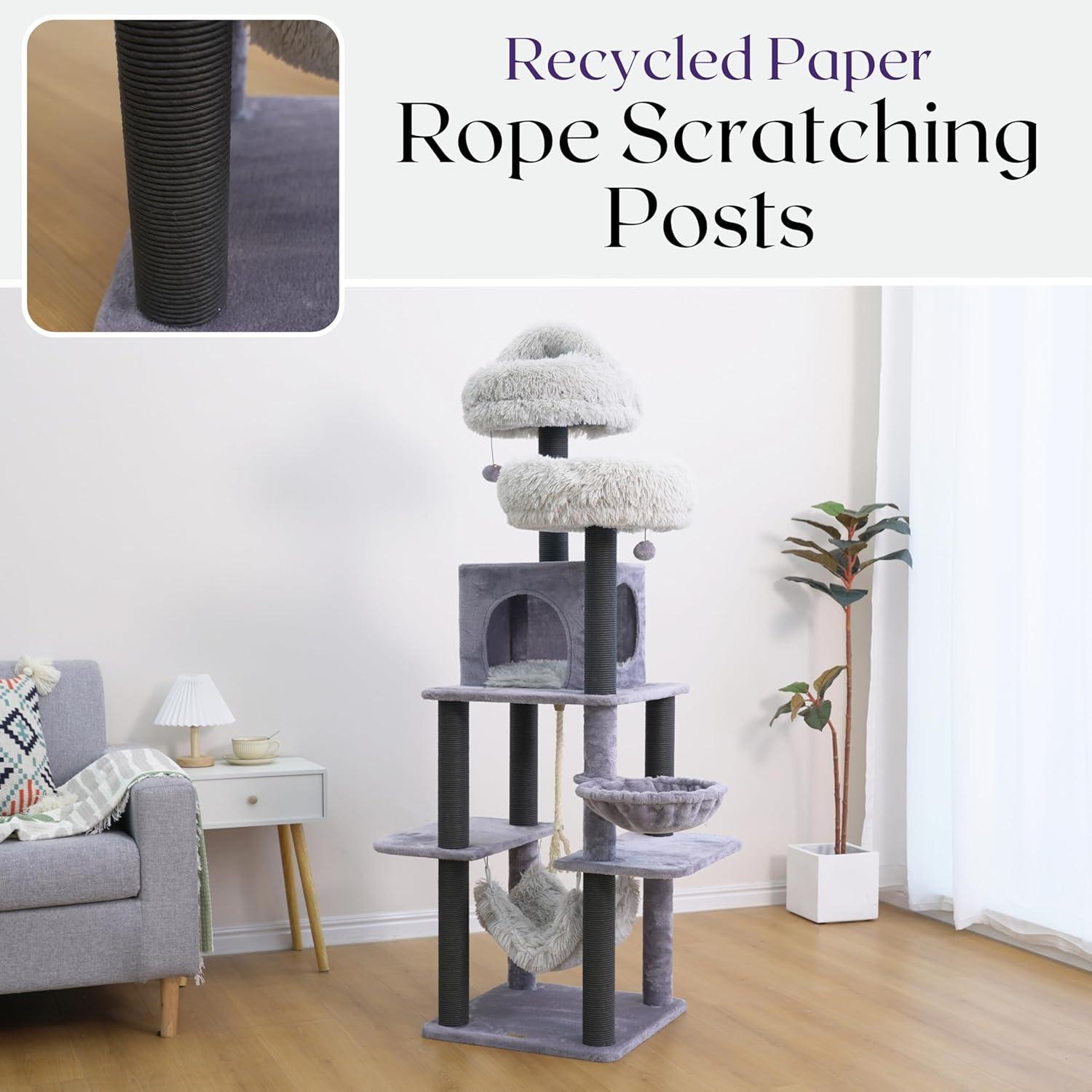 Catry Bradbury 7-Level 62.5” Modern Cat Tree with Replaceable Scratching Posts,Big Condo,Two Washable Beds, Two Hammocks,Quick Assembly, for Multi-Cat Homes(Cloud Gray)