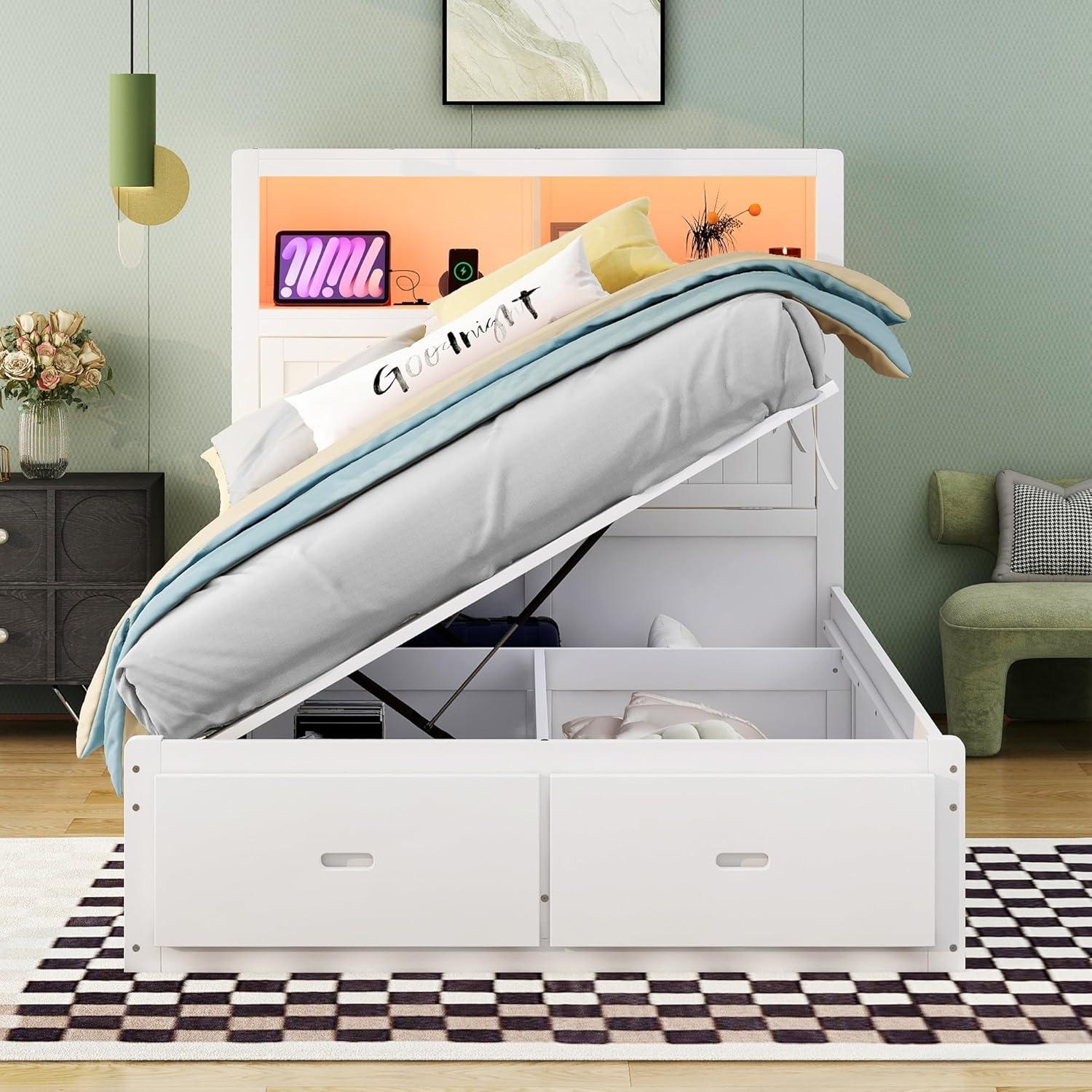 Linique Hydraulic Platform Bed, Wood Full Size Bed Frame with Storage LED Headboard, Built-in Charging Station and 2 Drawers (White)