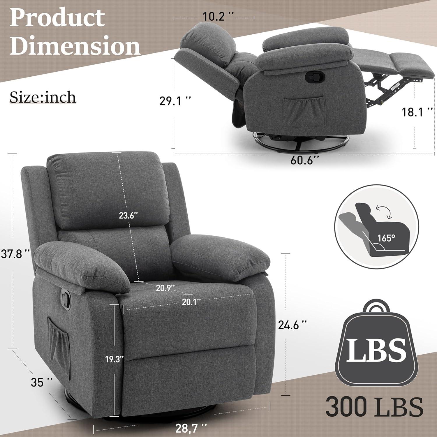 Gray Fabric Swivel Recliner with Side Pockets