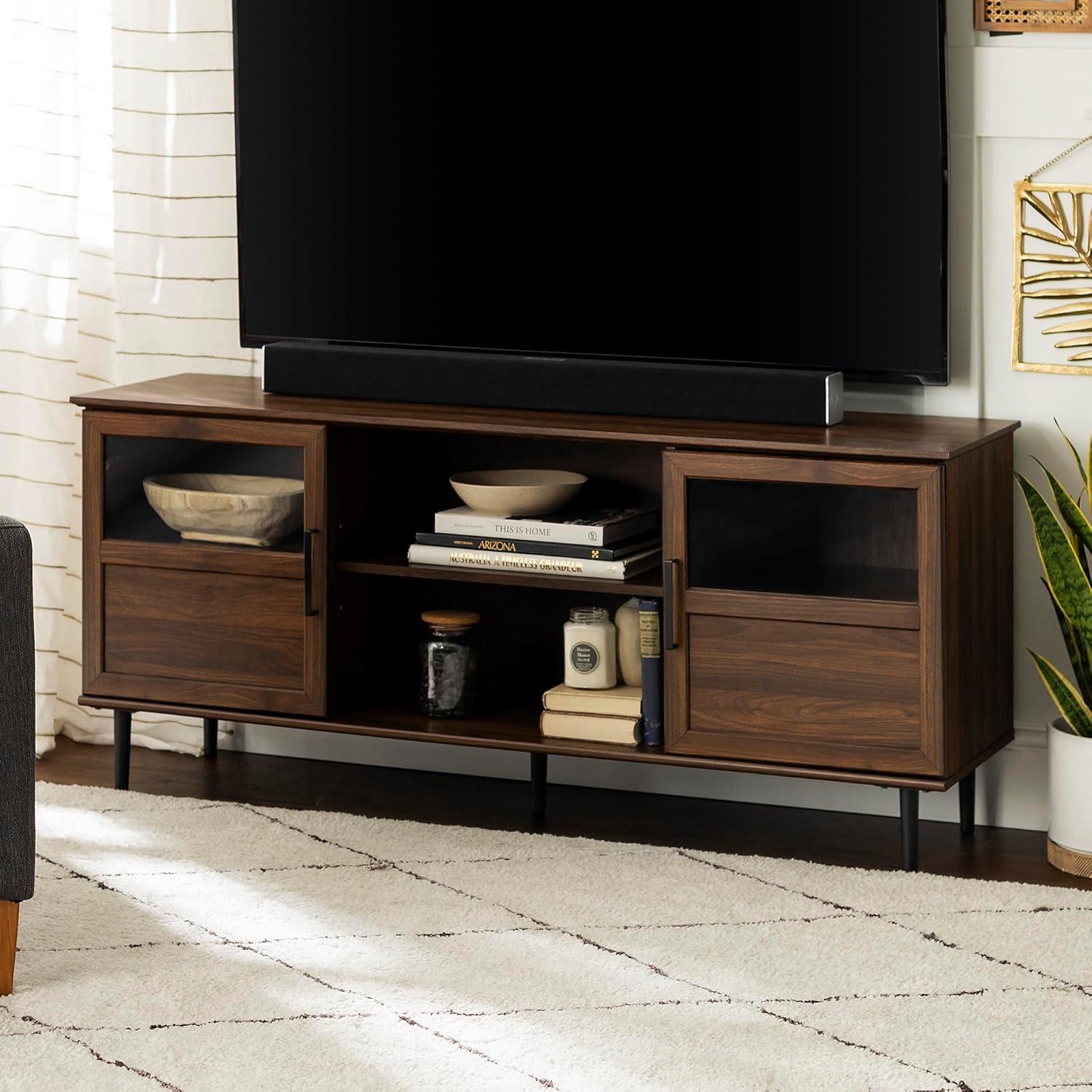 Owen 58" Glass and Wood Split Panel Door TV Console in Dark Walnut