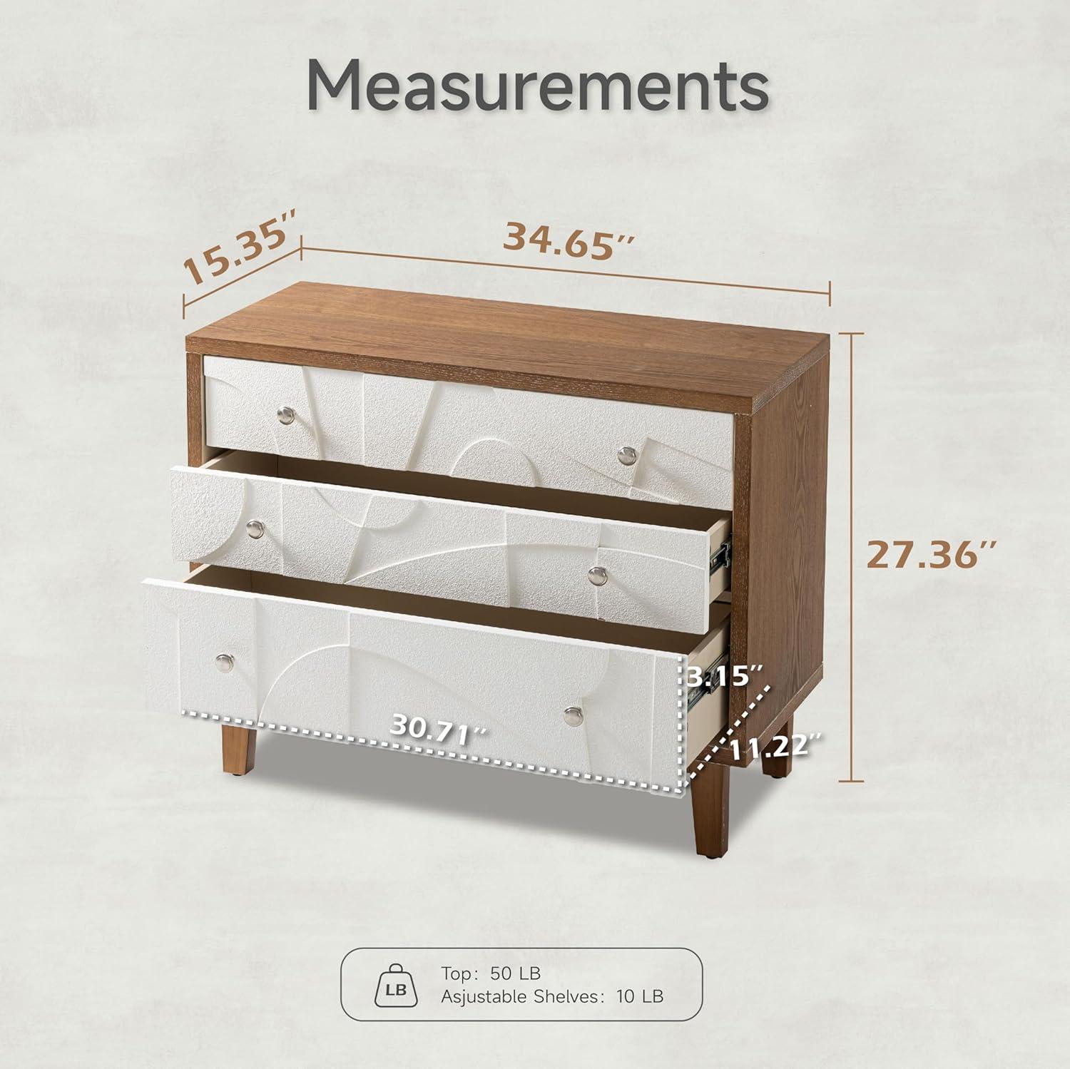 COZAYH Farmhouse 3-Drawer Dresser with Abstract Geometric Relief Pattern Front Wood Accent Chest of Drawers for Bedroom, Entryway, Living Room, Natural Wood & White