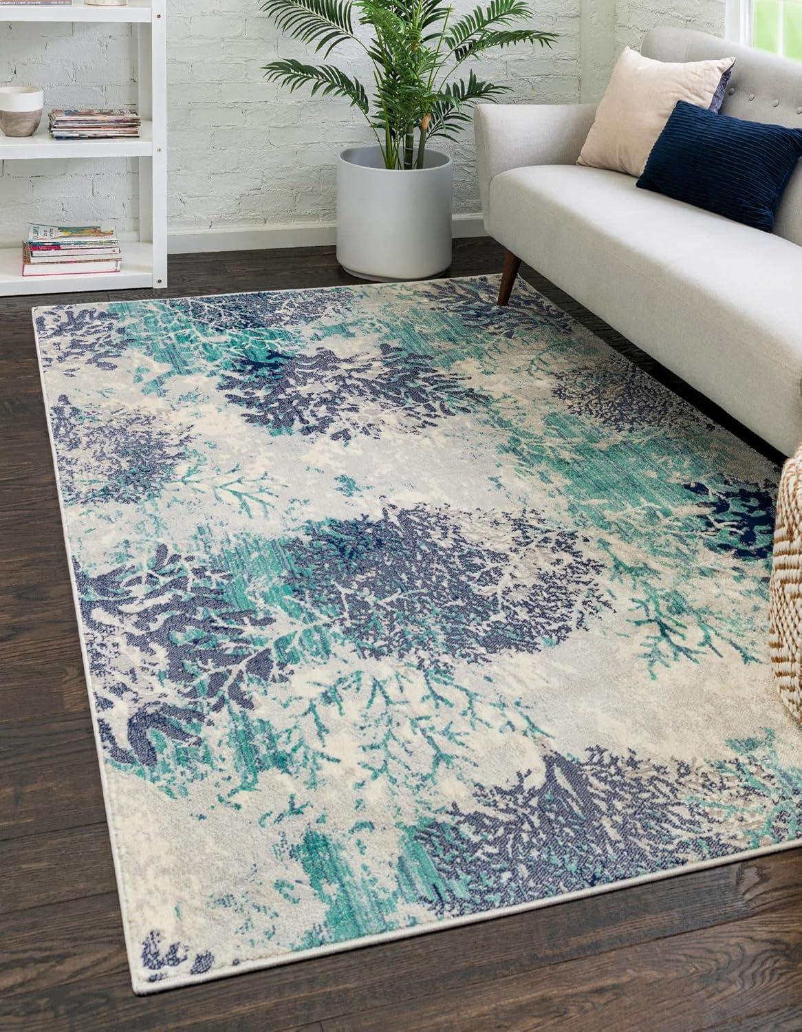 Blue Abstract Synthetic 4' x 6' Rectangular Area Rug