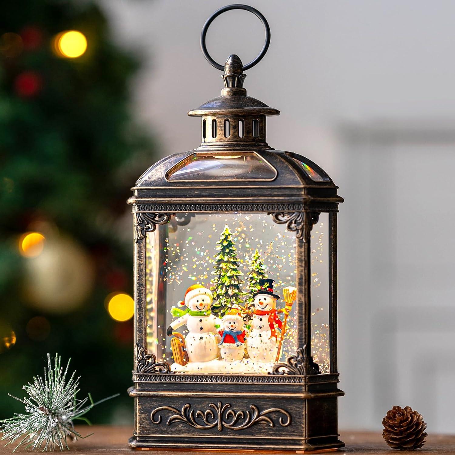 Bronze Musical Snow Globe Lantern with Snowman Scene