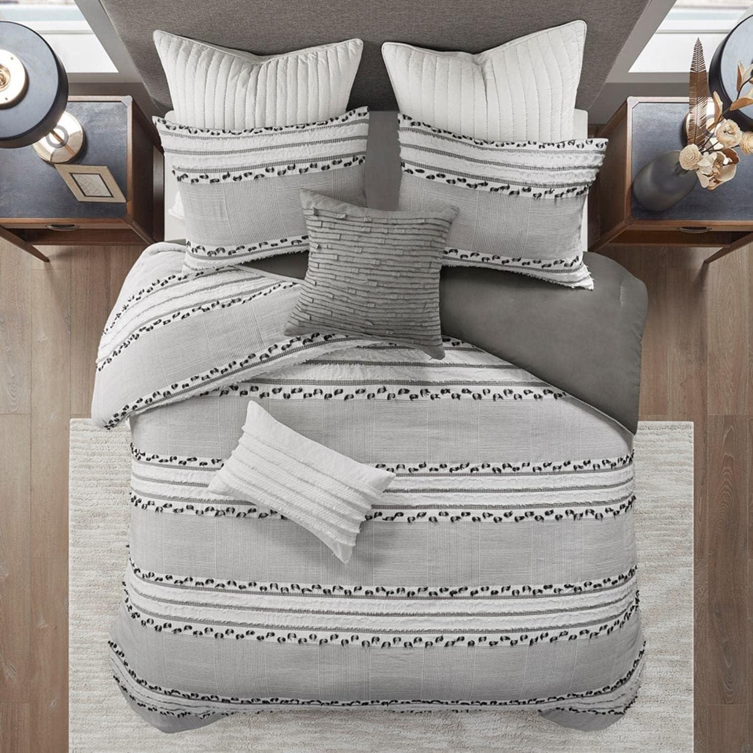 Full/QueenLennon Organic Cotton Jacquard Comforter Set Charcoal Gray: Farmhouse Style, OEKO-TEX Certified, 3-Piece Set