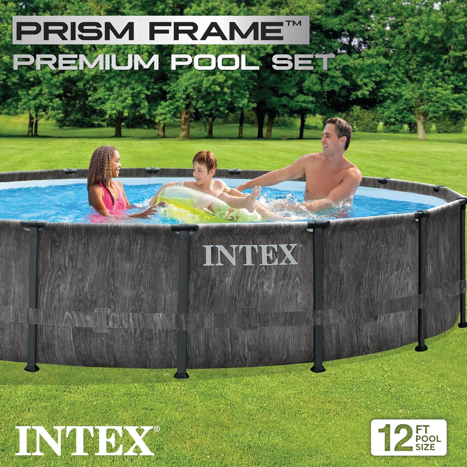 Intex Greywood Prism Frame 12 Foot x 30 Inch Round Above Ground Outdoor Swimming Pool with 530 GPH Filter Pump, Grey Woodgrain Design