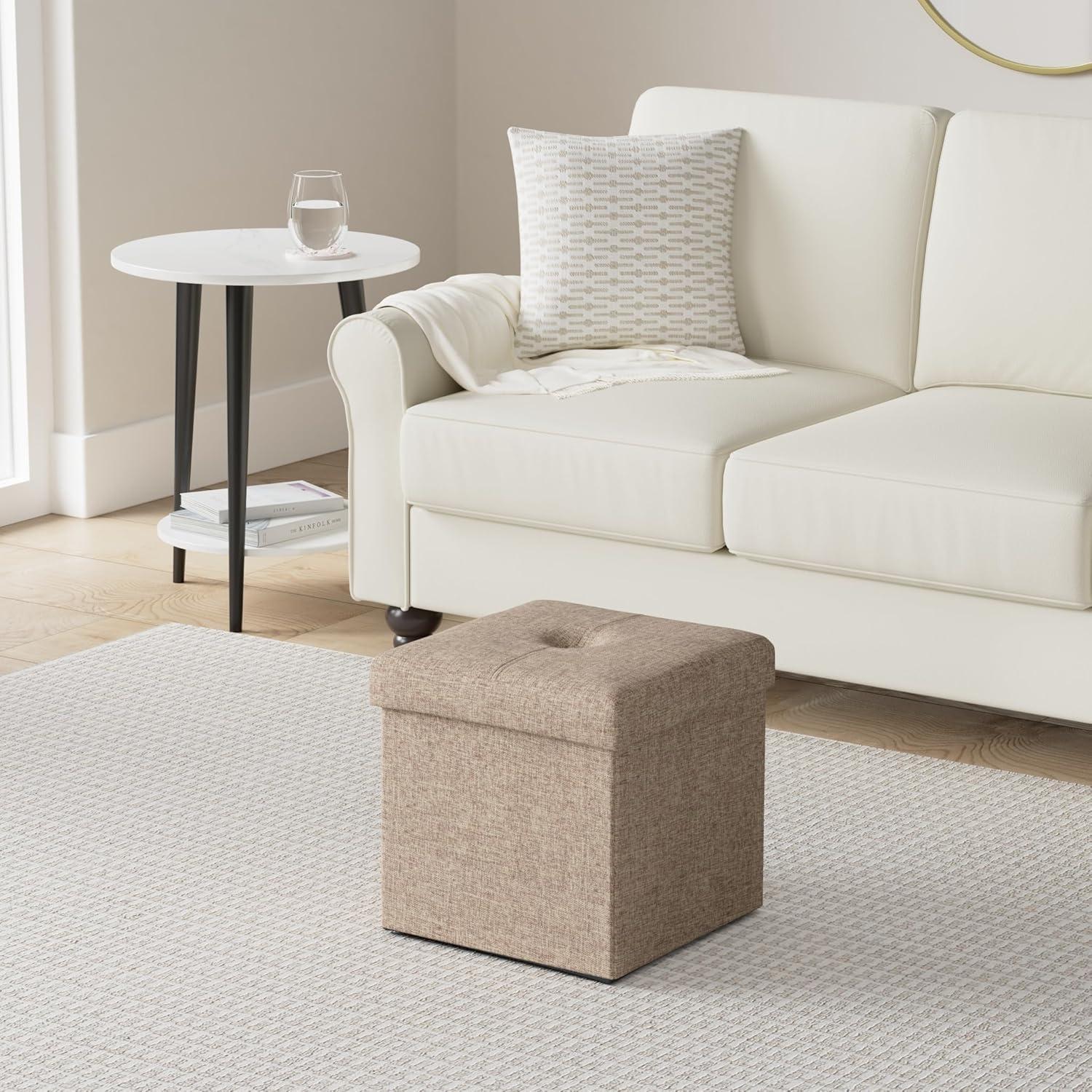 Simplify Faux Linen Folding Storage Ottoman Cube in Natural