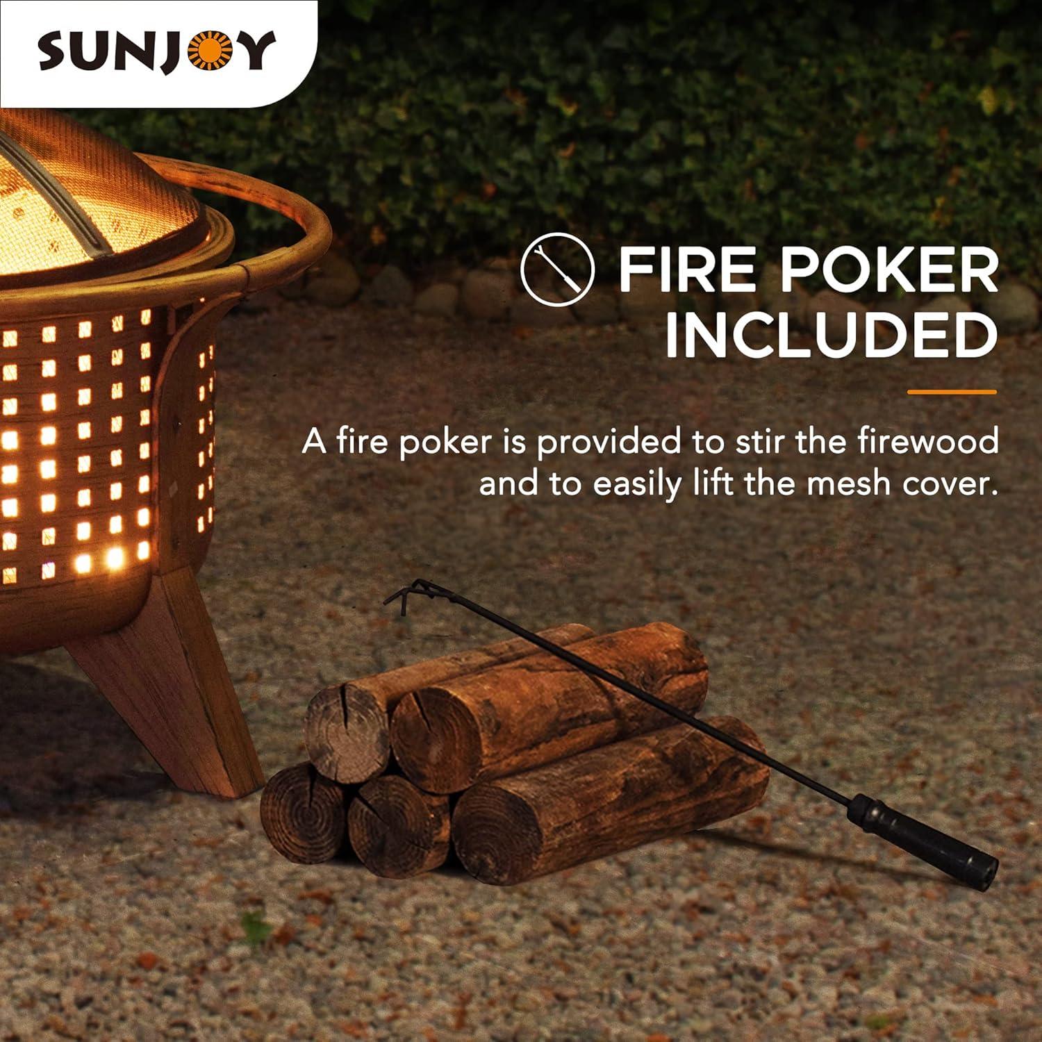 SUNJOY Fire Pit 30 Inch Outdoor Wood-Burning Fire Pit, Patio Woven Round Steel Firepit Large Fire Pits for Outside with Spark Screen and Poker