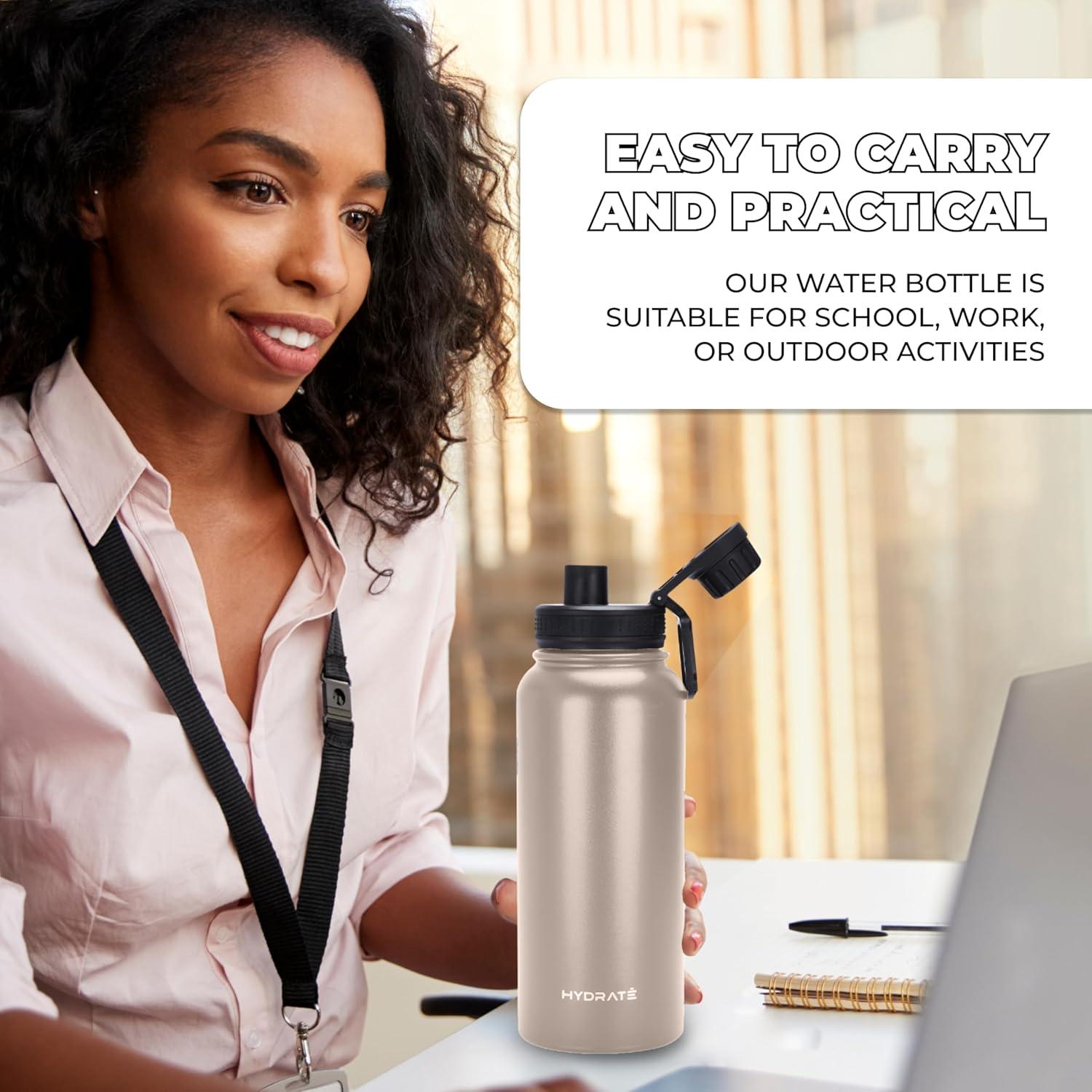 Hydrate Insulated Water Bottle Stainless Steel - Large 1L Flask Water Bottles with Leak-Proof Design and Handle - Stay Refreshed Double Vacuum Insulation for School, Work, or Adventure