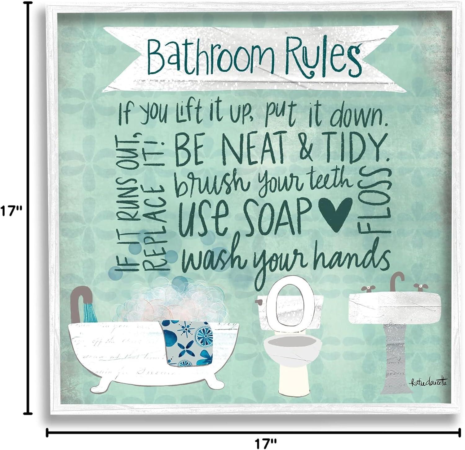 Aqua Blue Bathroom Rules Collage Look Typography Typography Framed Art Print Wall Art, 17x17