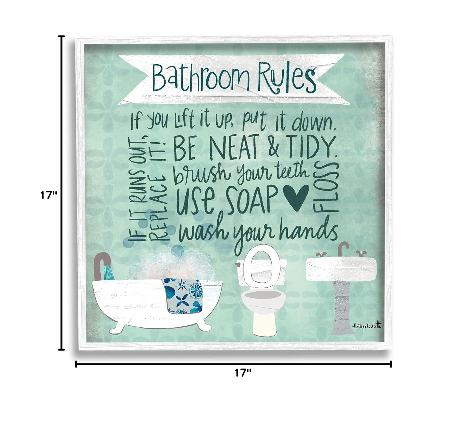 Aqua Blue Bathroom Rules Collage Look Typography Typography Framed Art Print Wall Art, 17x17