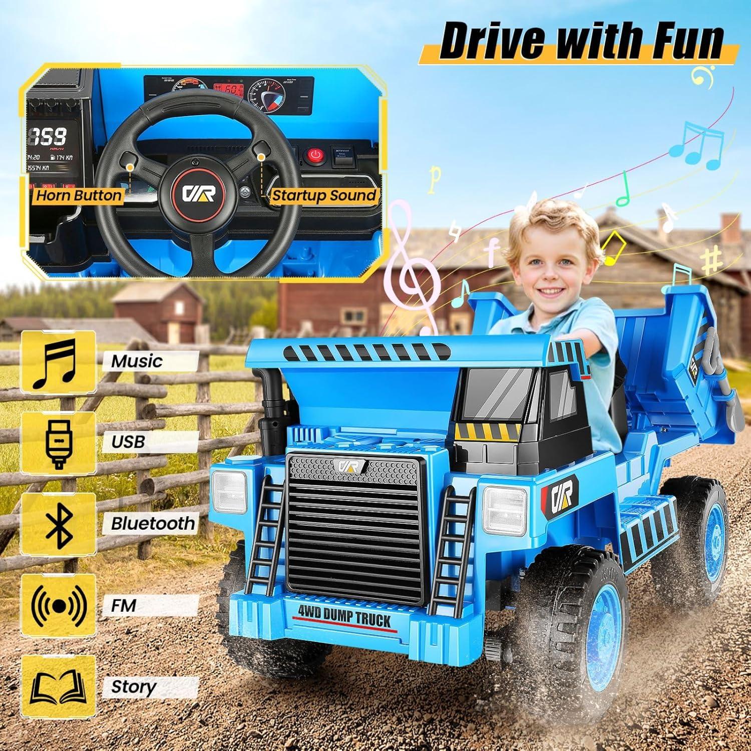 Jojoka Ride on Dump Truck for Kids, 12V Ride on Car with Electric Dump Bed, Remote Control and Extra Shovel, Ride on Construction Vehicle with USB, MP3, Music Player, Battery Indicator (Blue)