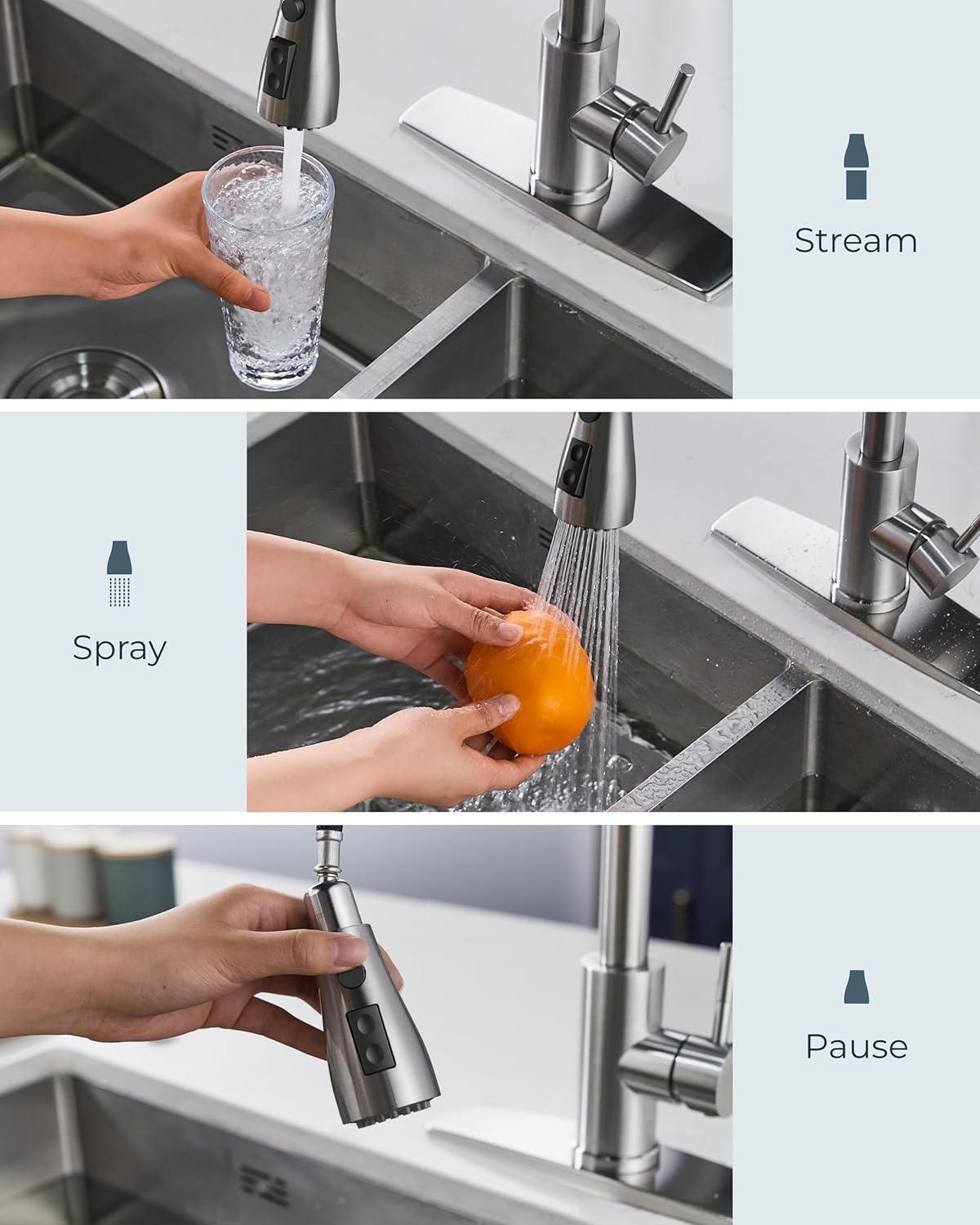 FORIOUS Kitchen Faucet with Pull Down Sprayer, Brushed Nickel, Bar High Arc Single Handle Traditional 3 Modes Stainless Steel Faucet for Kitchen Sink Farmhouse RV Laundry Camper