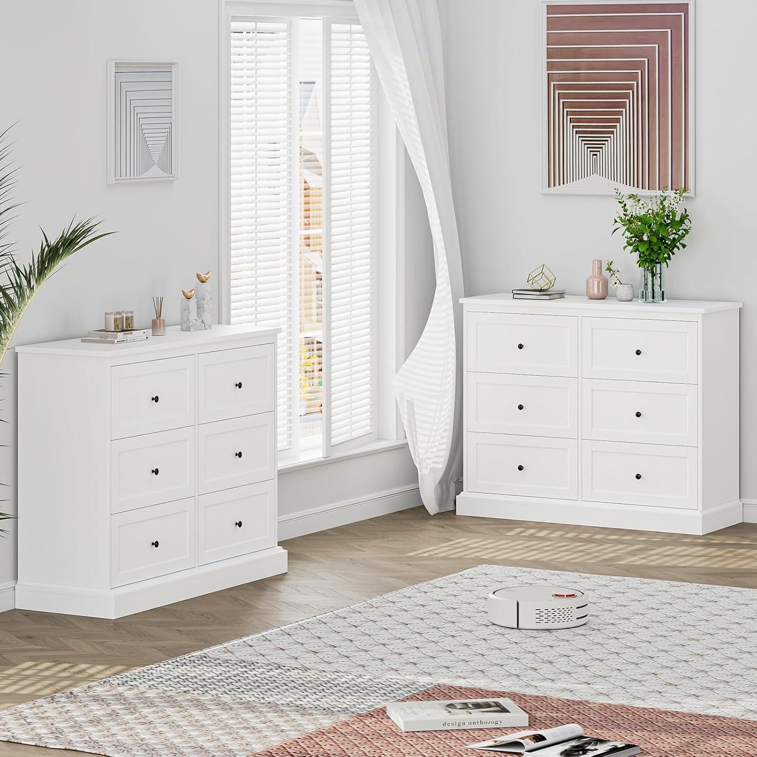 Homfa 6 Drawer Double Dresser White, Wood Storage Cabinet for Living Room, Chest of Drawers for Bedroom