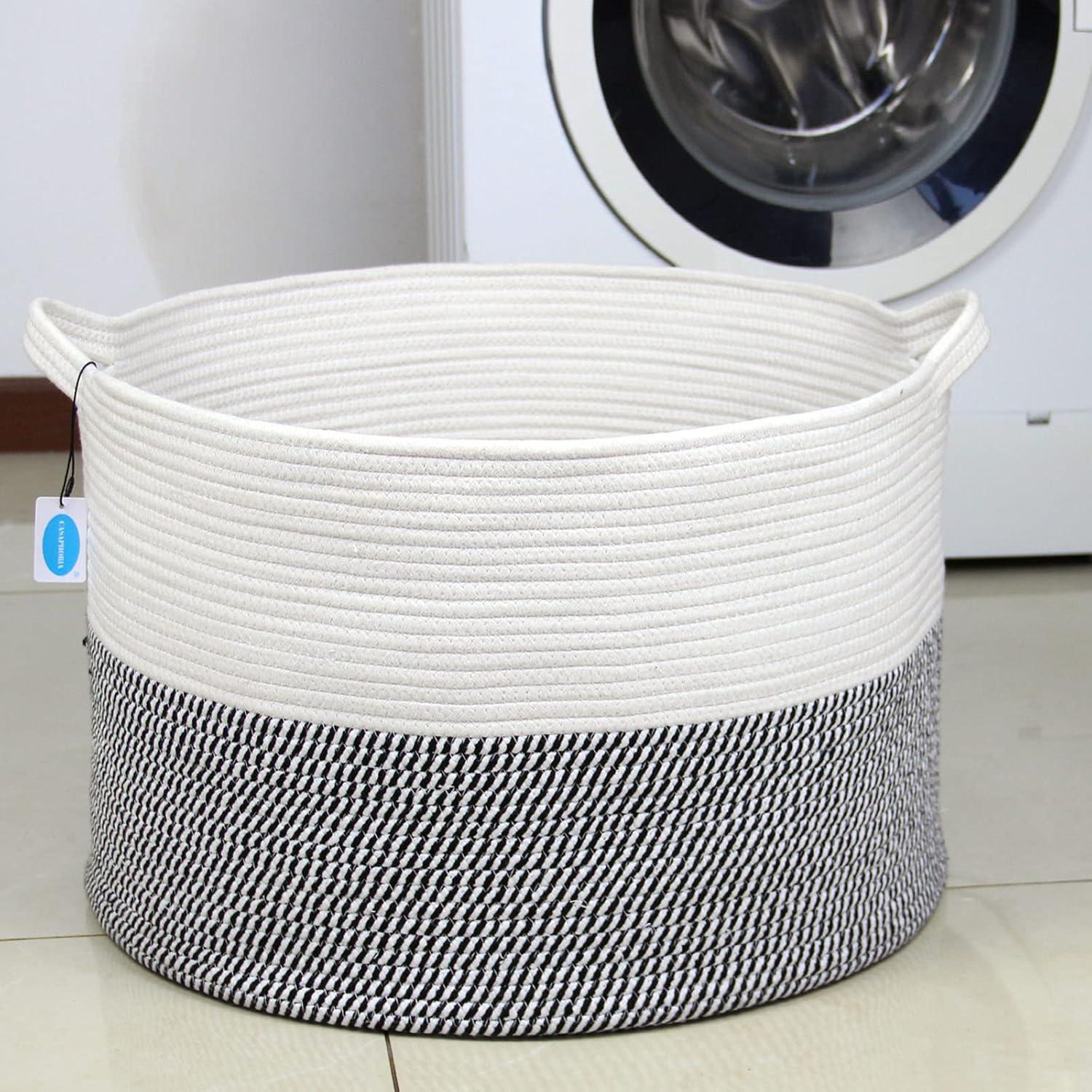 Casaphoria XXXLarge Cotton Rope Basket for Living Room - Woven Storage Basket with Handle for Blankets, Towels and Pillows Laundry Hamper | White & Grey (21.7" x 21.7" x 13.8")