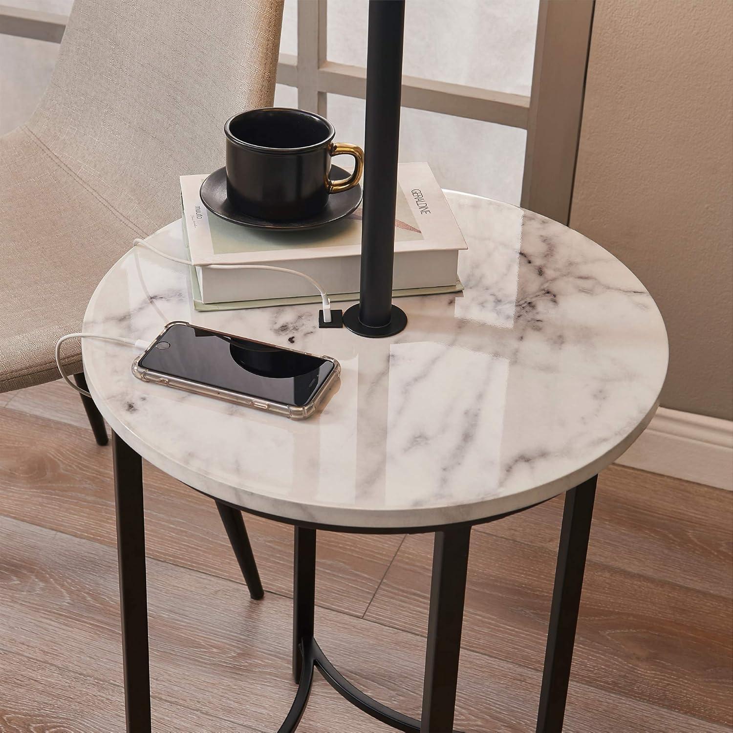 Black Metal Floor Lamp with Faux Marble Table and USB Port