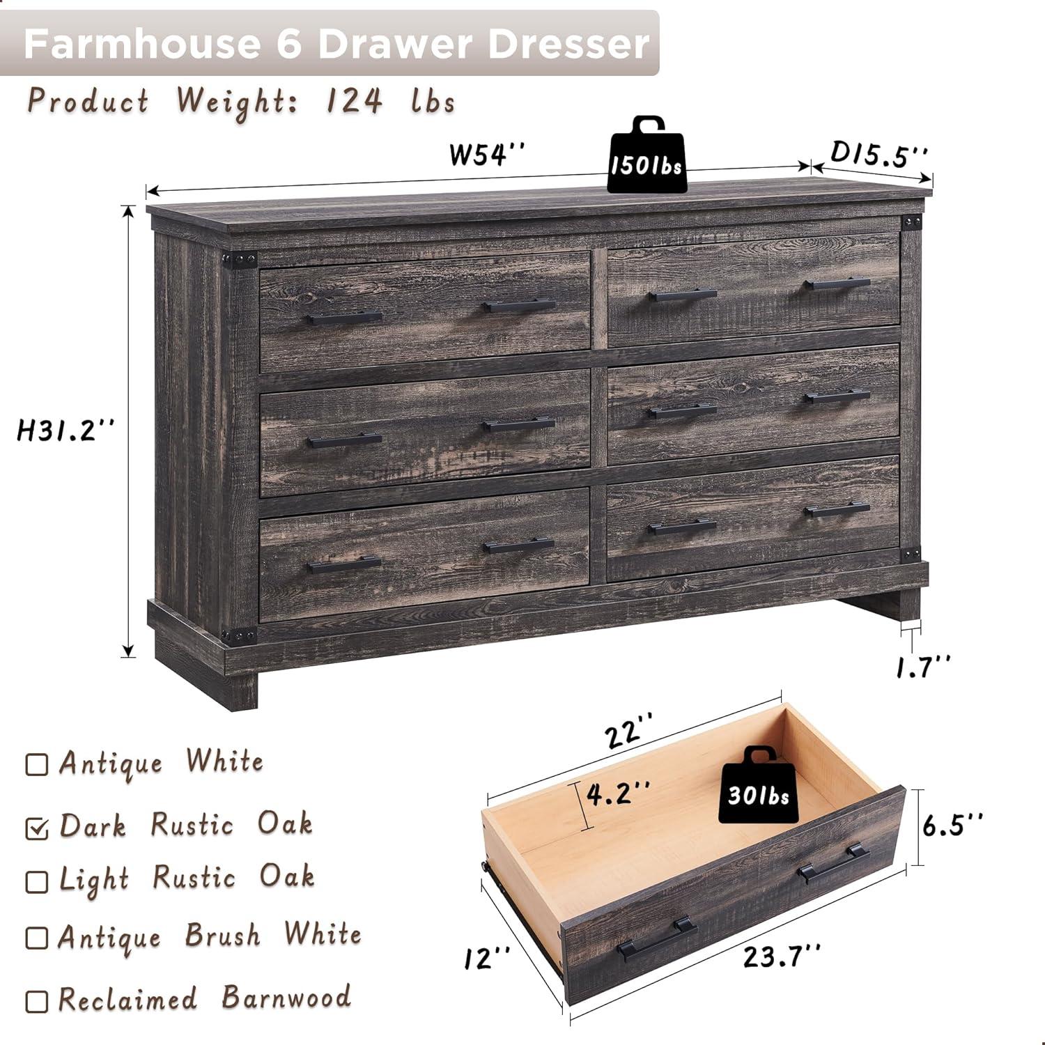 Dark Rustic Oak Farmhouse 6-Drawer Wood Dresser