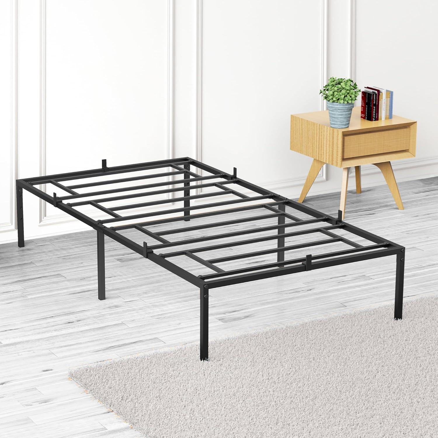 Black Twin Metal Platform Bed Frame with Storage and Slats