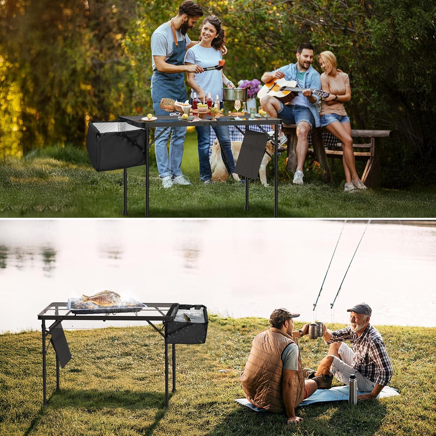 Black Metal Folding Camping Table with Mesh Panels