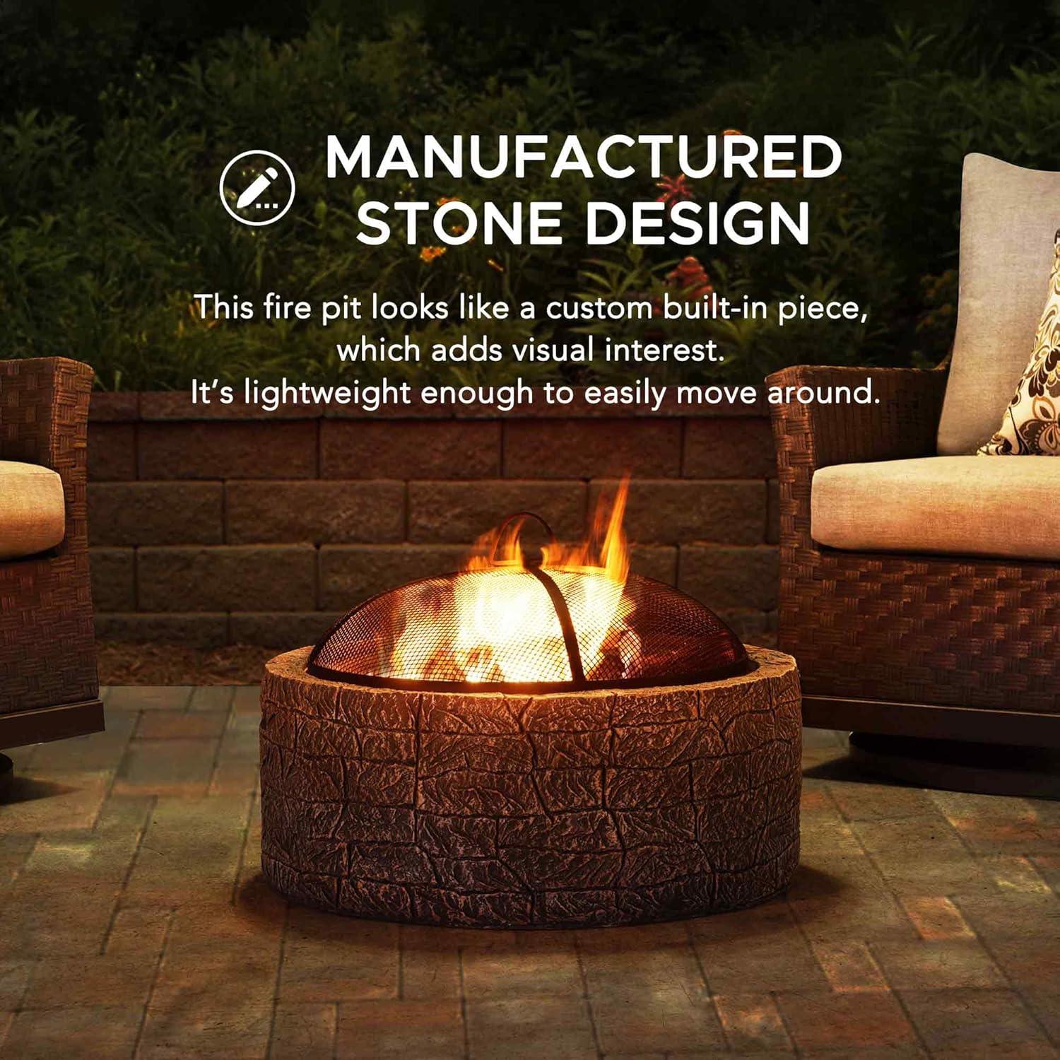 Sunjoy Stone Fire Pit 26 Inch, Outdoor Round Wood Burning Fire Pits with Spark Screen and Poker Grey