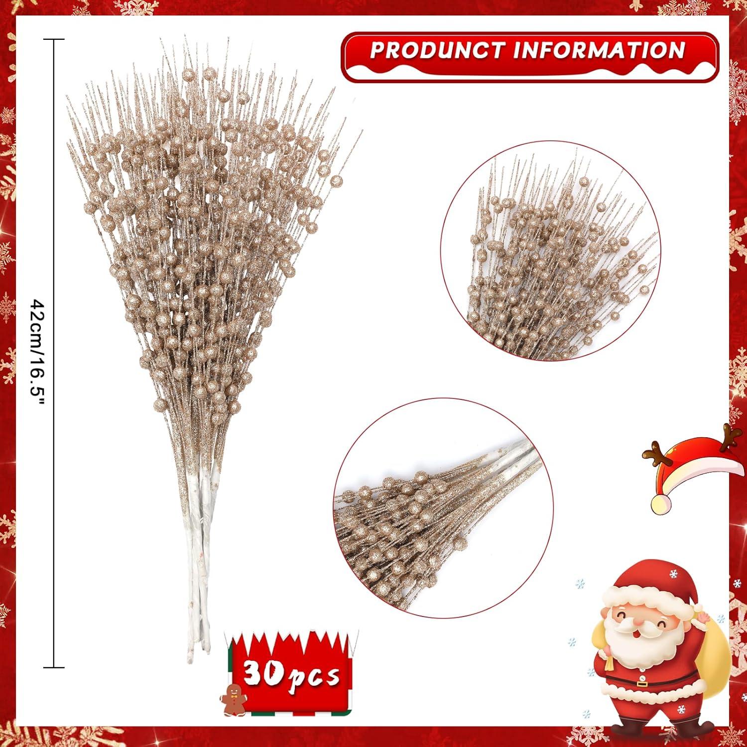 Champagne Gold Glitter Berry Stems for Christmas Decor, 30-Pack