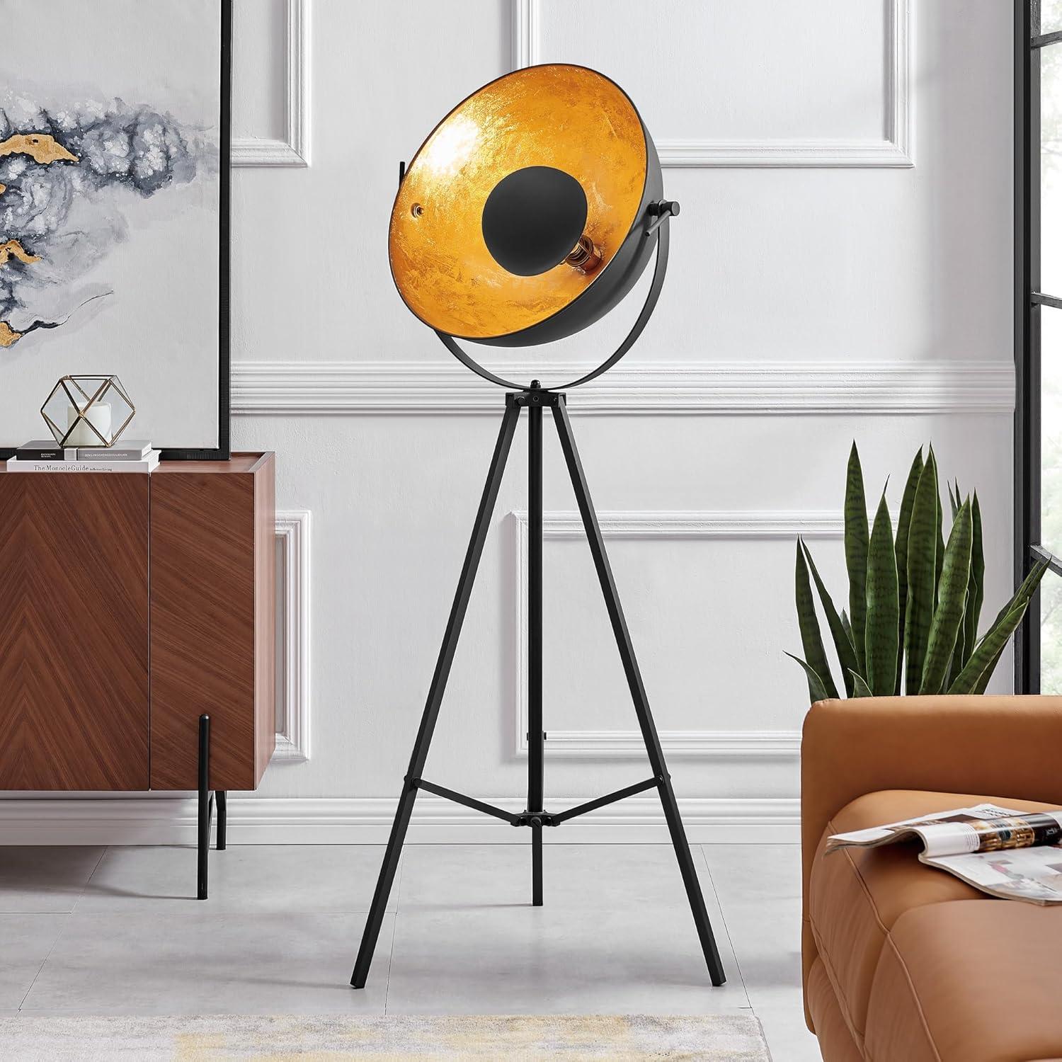 Adjustable Black and Gold Tripod Floor Lamp with Dome Shade