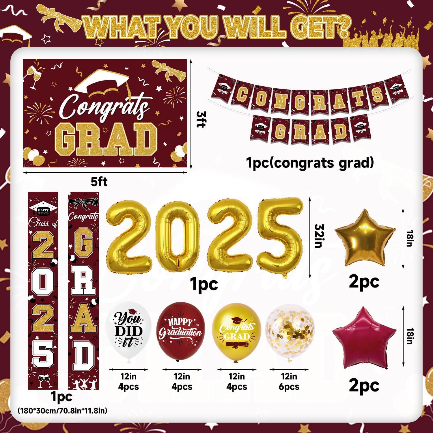2025 Graduation Party Decoration, Red Gold Themed Set with Congrats Grad Banner, Balloons, Foil Number 2025 for Class of 2025 Graduation Party Supplies