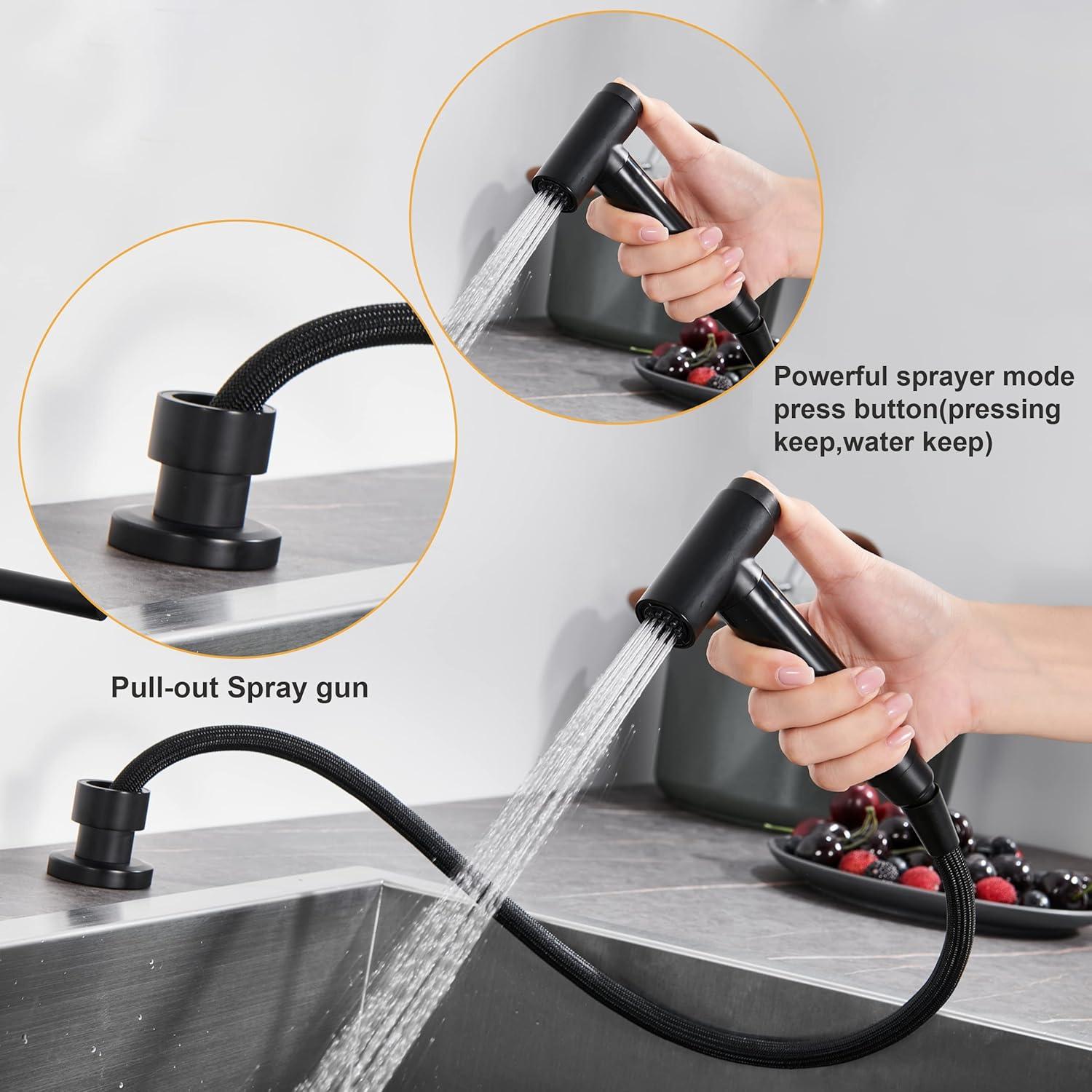 Double Handle Bridge Kitchen Faucet in Brushed Gold, with Put Out Side Sprayer