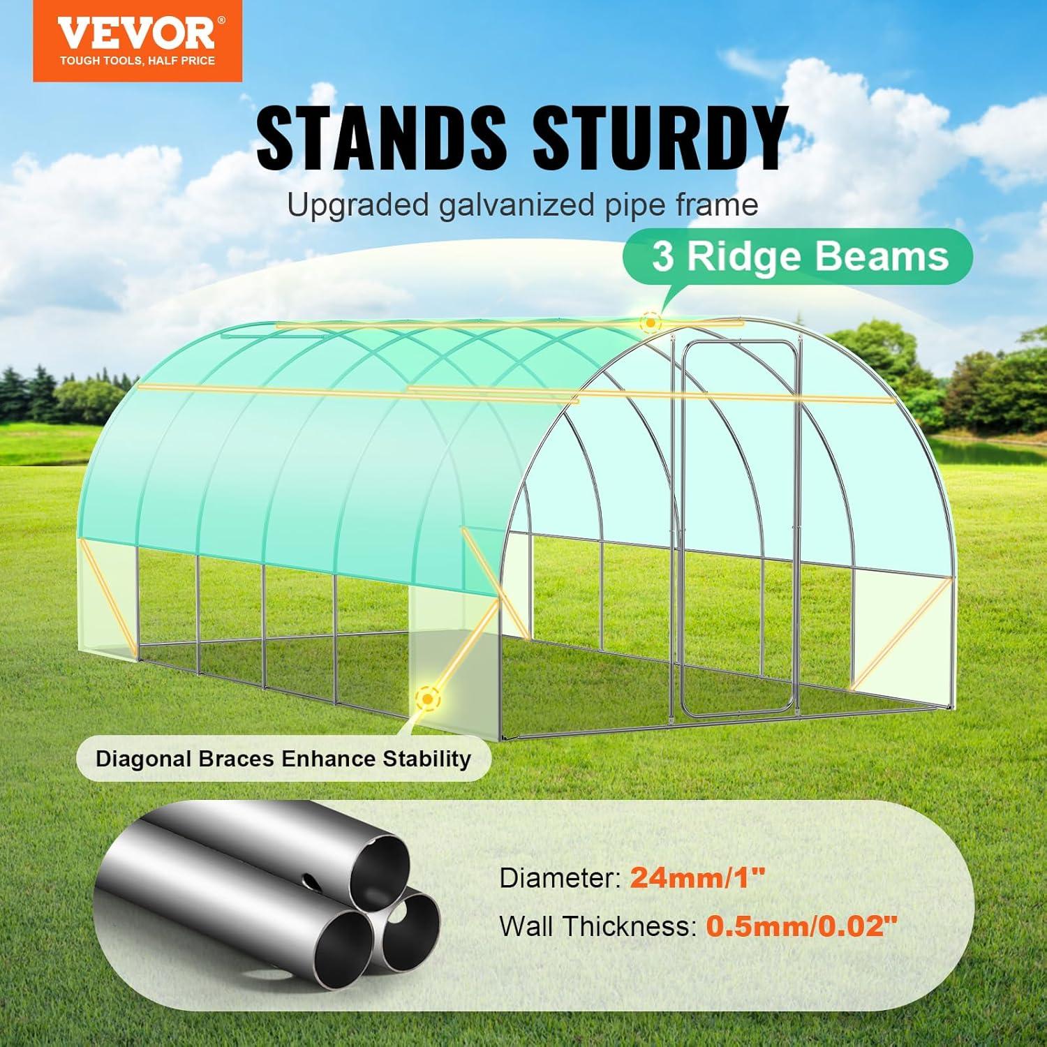 VEVOR Walk-in Tunnel Greenhouse, 27.4x9.5x7.4 ft Hoop House Greenhouse Tunnel, Plant Hot House with Galvanized Steel Frame, Green PE Cover, Swing Door and 16 Roll-up Windows for Outdoor